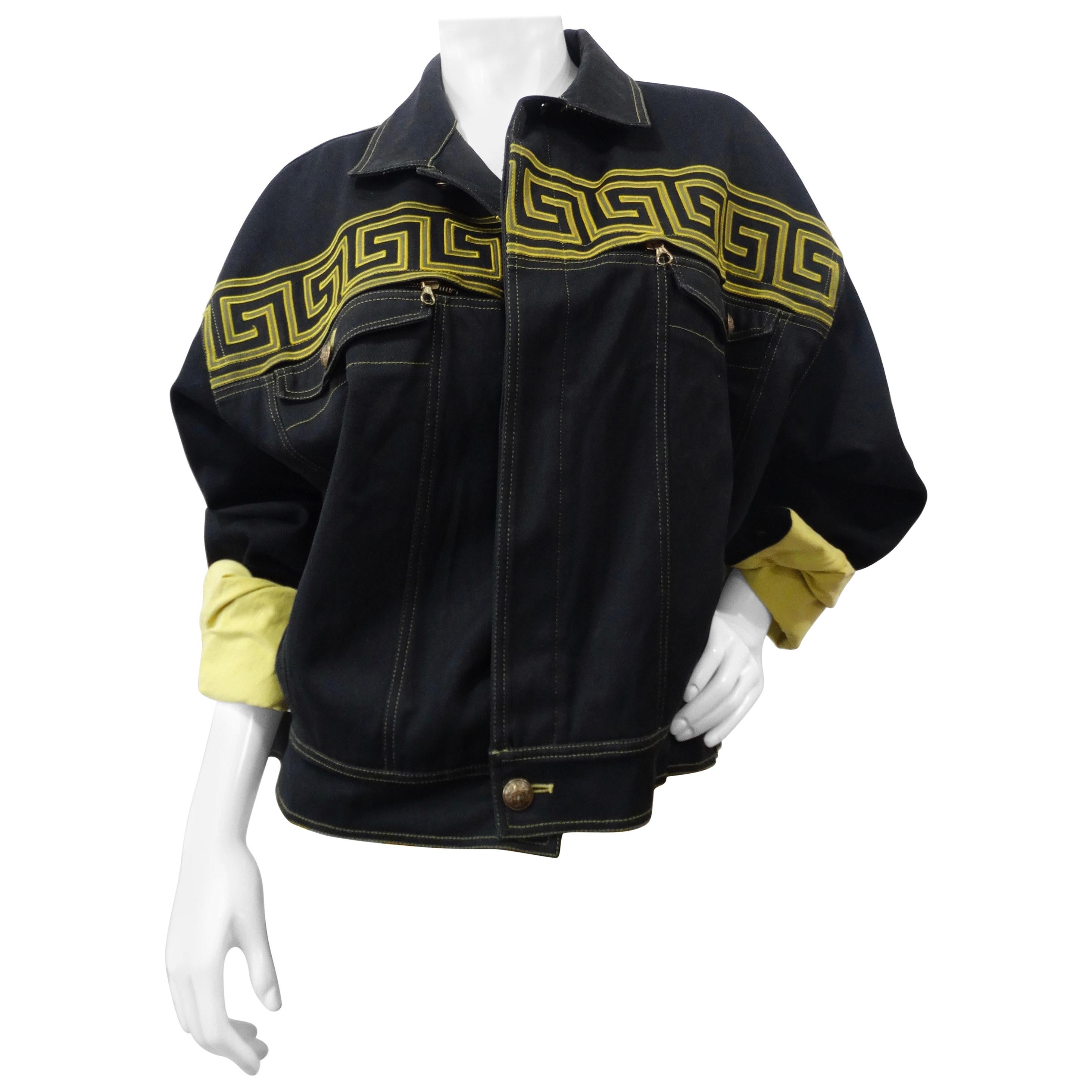 1990s Rare Versace Greek Key Denim Jacket