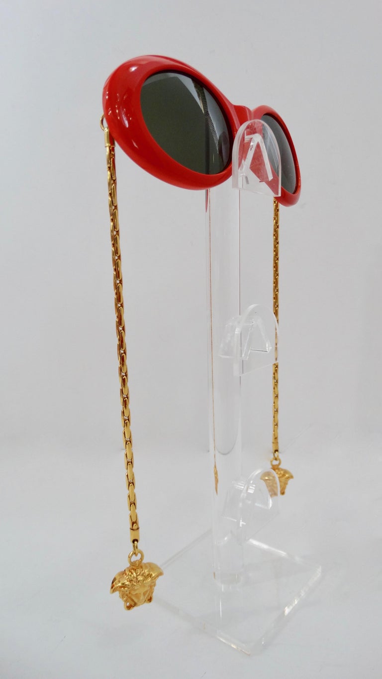 Versace 1990s Lipstick Red Oval Sunglasses with Medusa Head Chain Arms