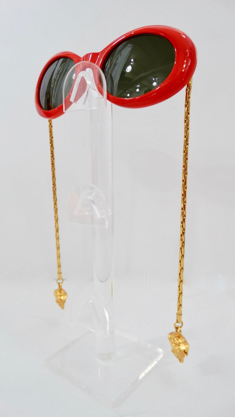 Versace 1990s Lipstick Red Oval Sunglasses with Medusa Head Chain Arms