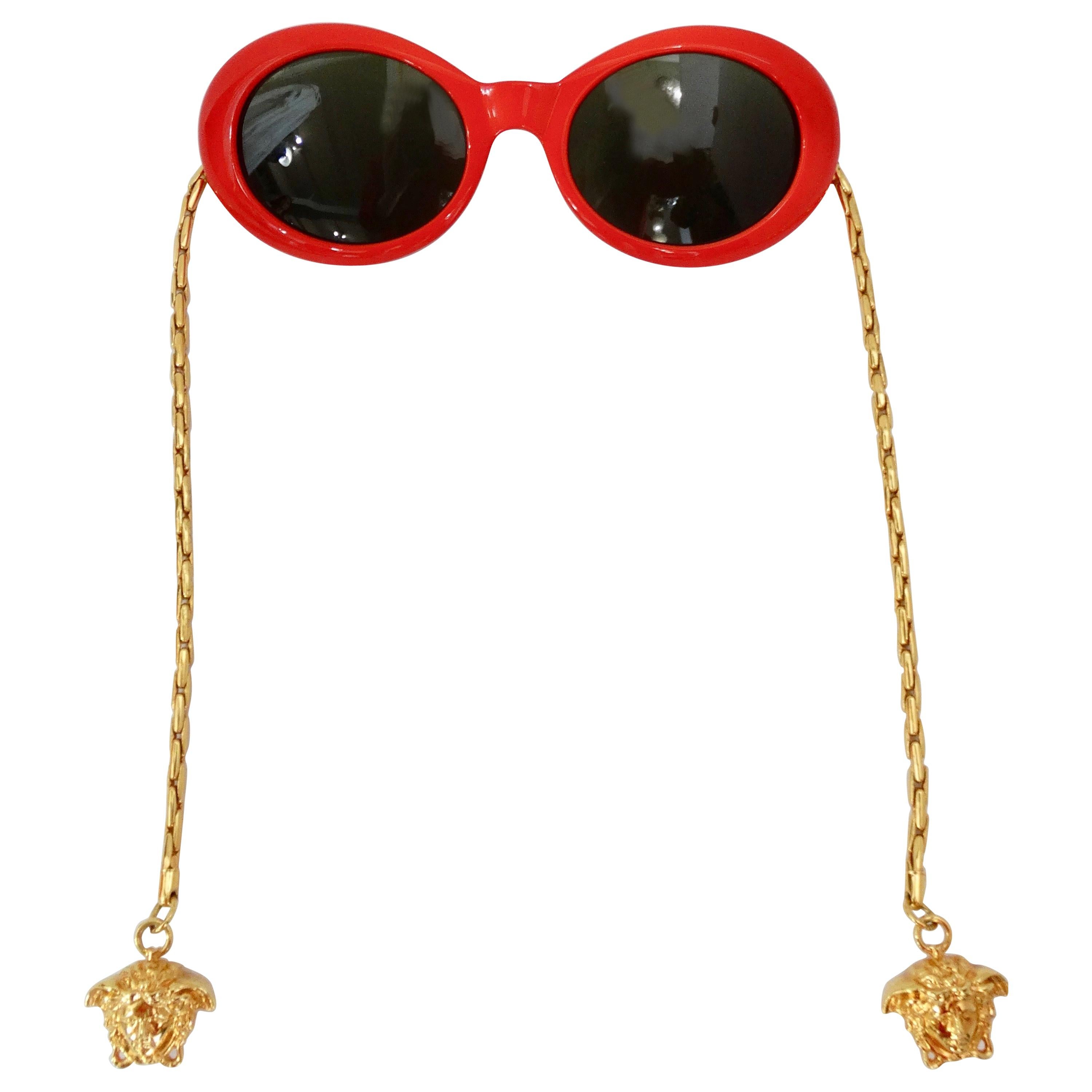 Versace 1990s Lipstick Red Oval Sunglasses with Medusa Head Chain Arms 