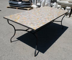 1990s Rectangular Spanish Green Glazed Zellige Tiled Mosaic Iron Outdoor Table