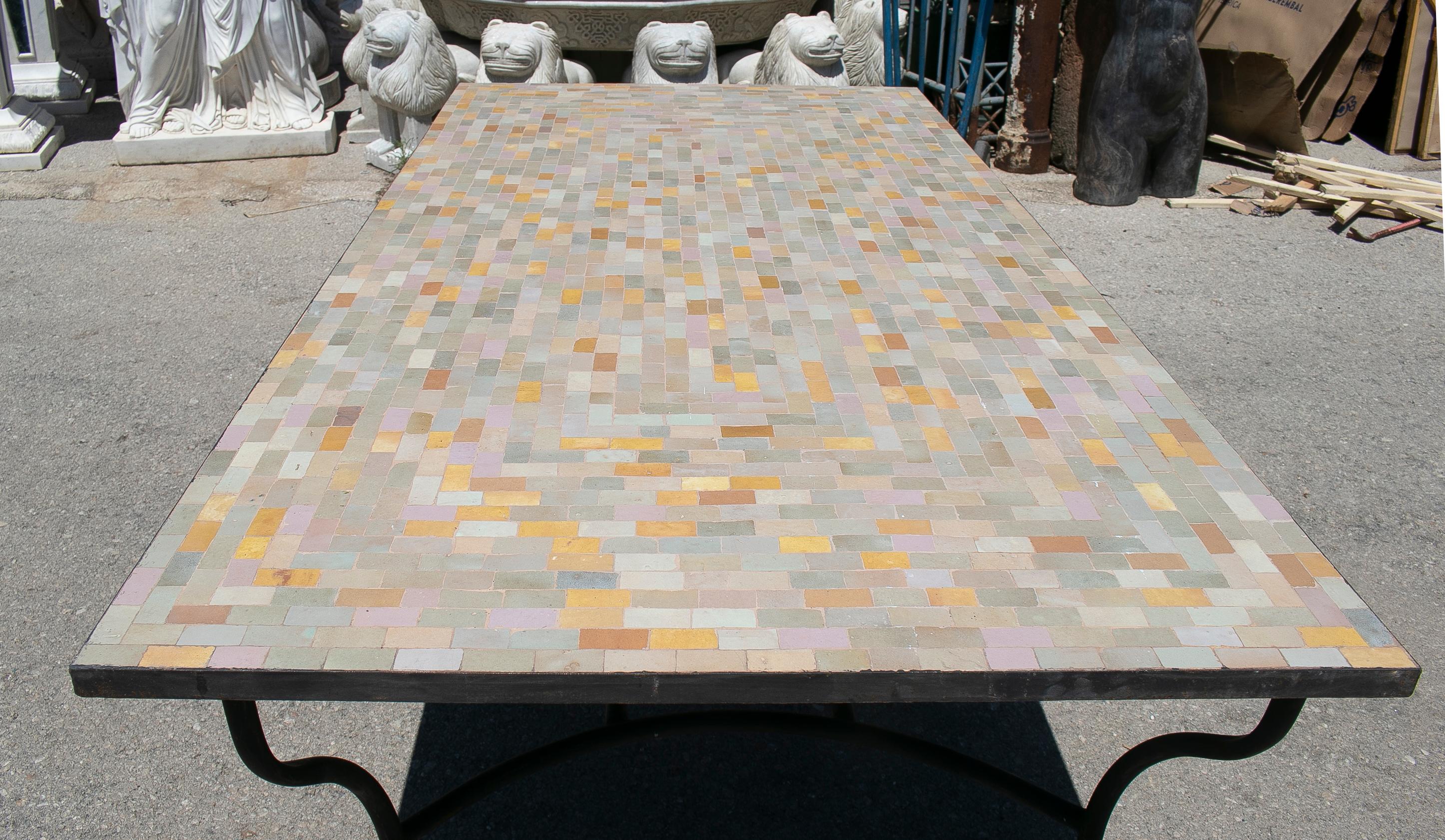 1990s Rectangular Spanish Green Glazed Zellige Tiled Mosaic Iron Outdoor Table 1