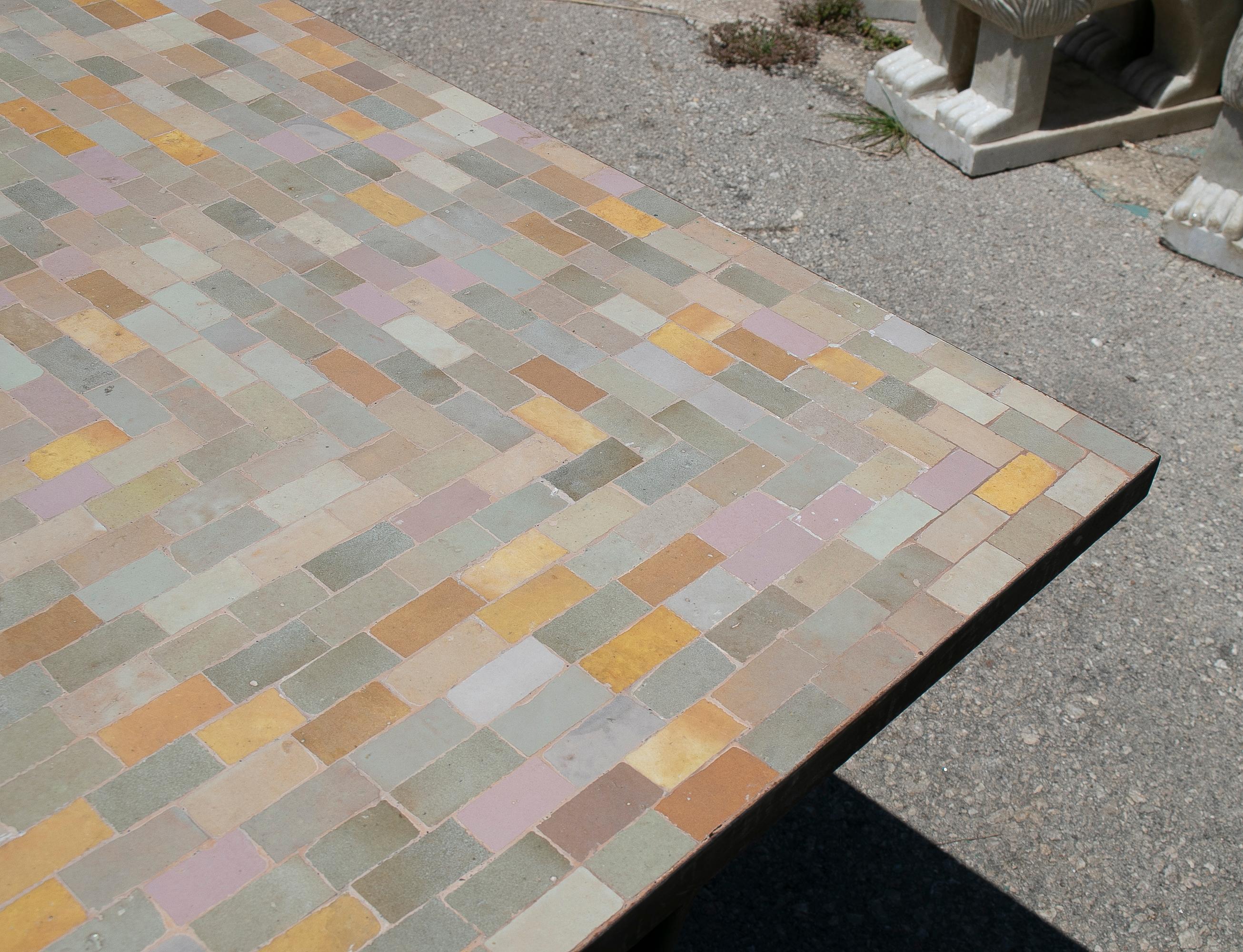 1990s Rectangular Spanish Green Glazed Zellige Tiled Mosaic Iron Outdoor Table 4