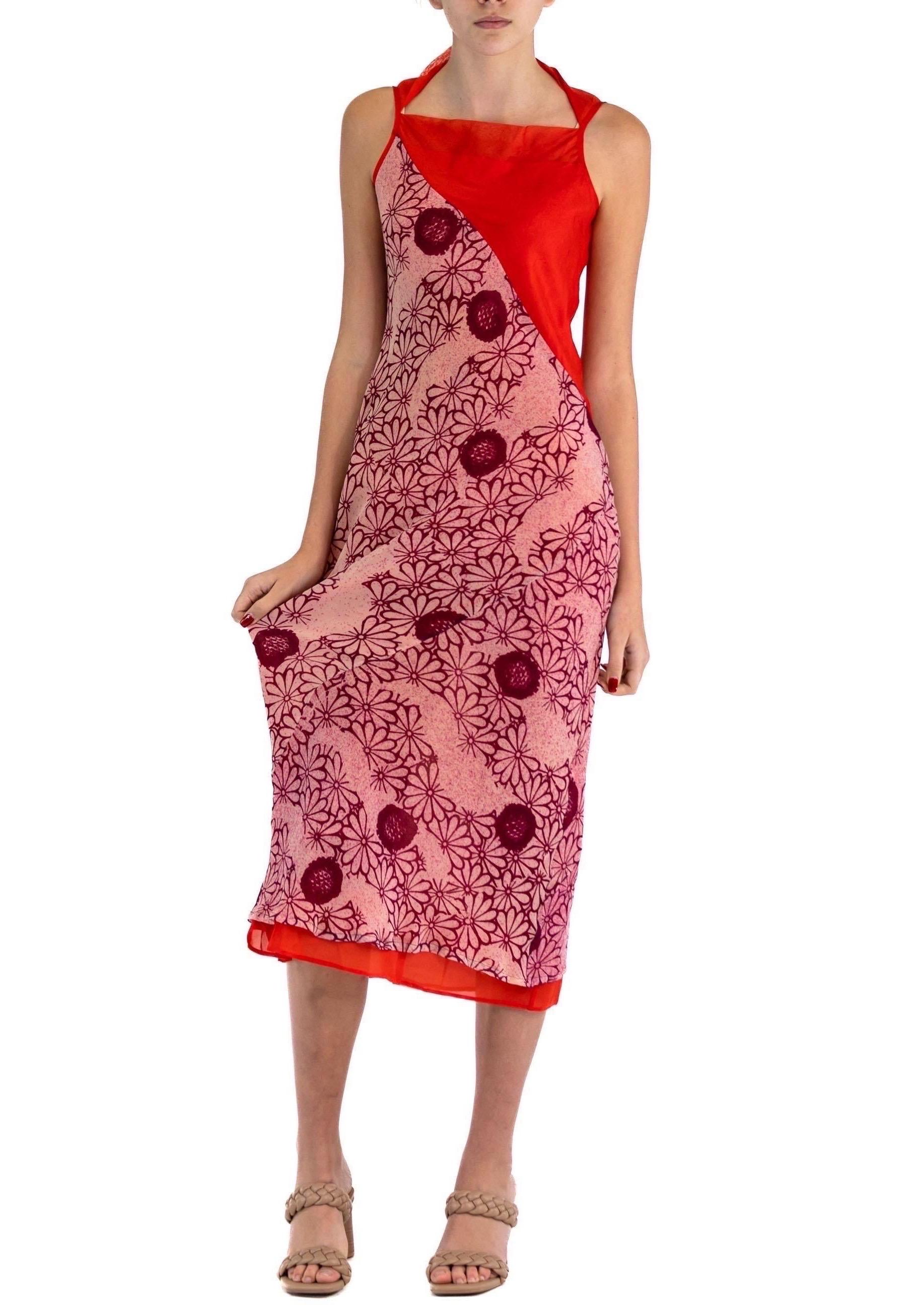 1990S Rot Schrägschnitt Chiffon 90'S Grunge Romantisches Florales Kleid Mit Quadratischem Ausschnittli im Angebot 2