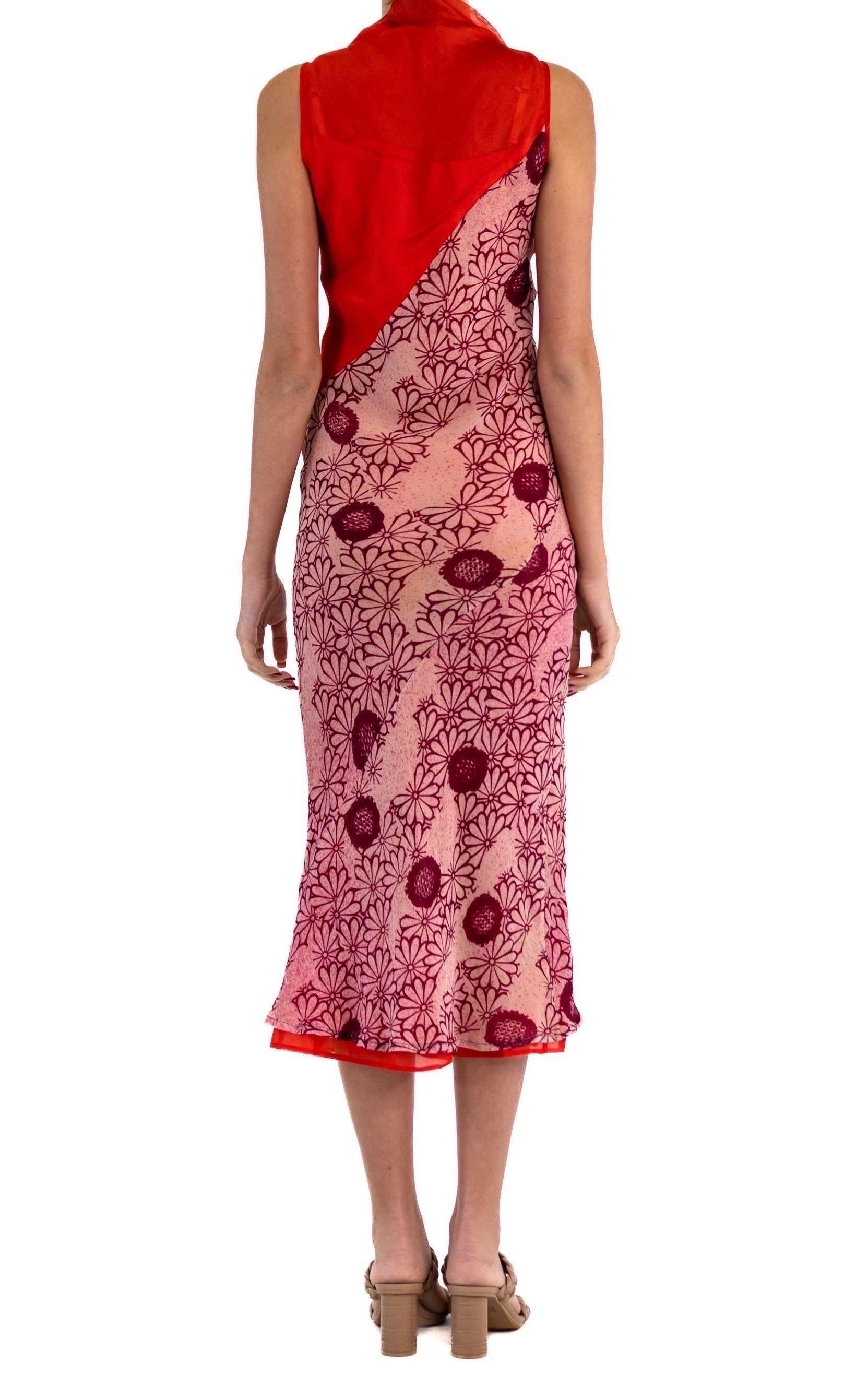 1990S Rot Schrägschnitt Chiffon 90'S Grunge Romantisches Florales Kleid Mit Quadratischem Ausschnittli im Angebot 3