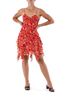 1990S Red Bias Cut Silk Chiffon Flower Print Dress With Ruffles