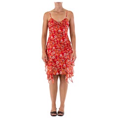 1990S Red Bias Cut Silk Chiffon Flower Print Dress With Ruffles