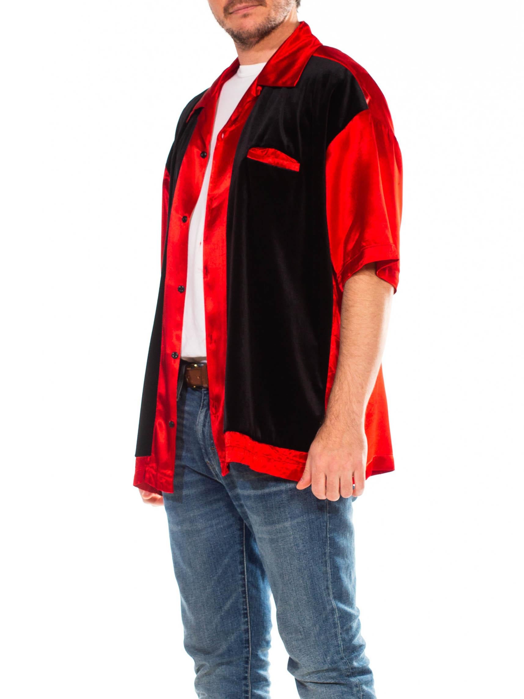 Men's 1990S Red & Black Acetate Poly Satin Velvet Short Sleeve Rat Pack Shirt