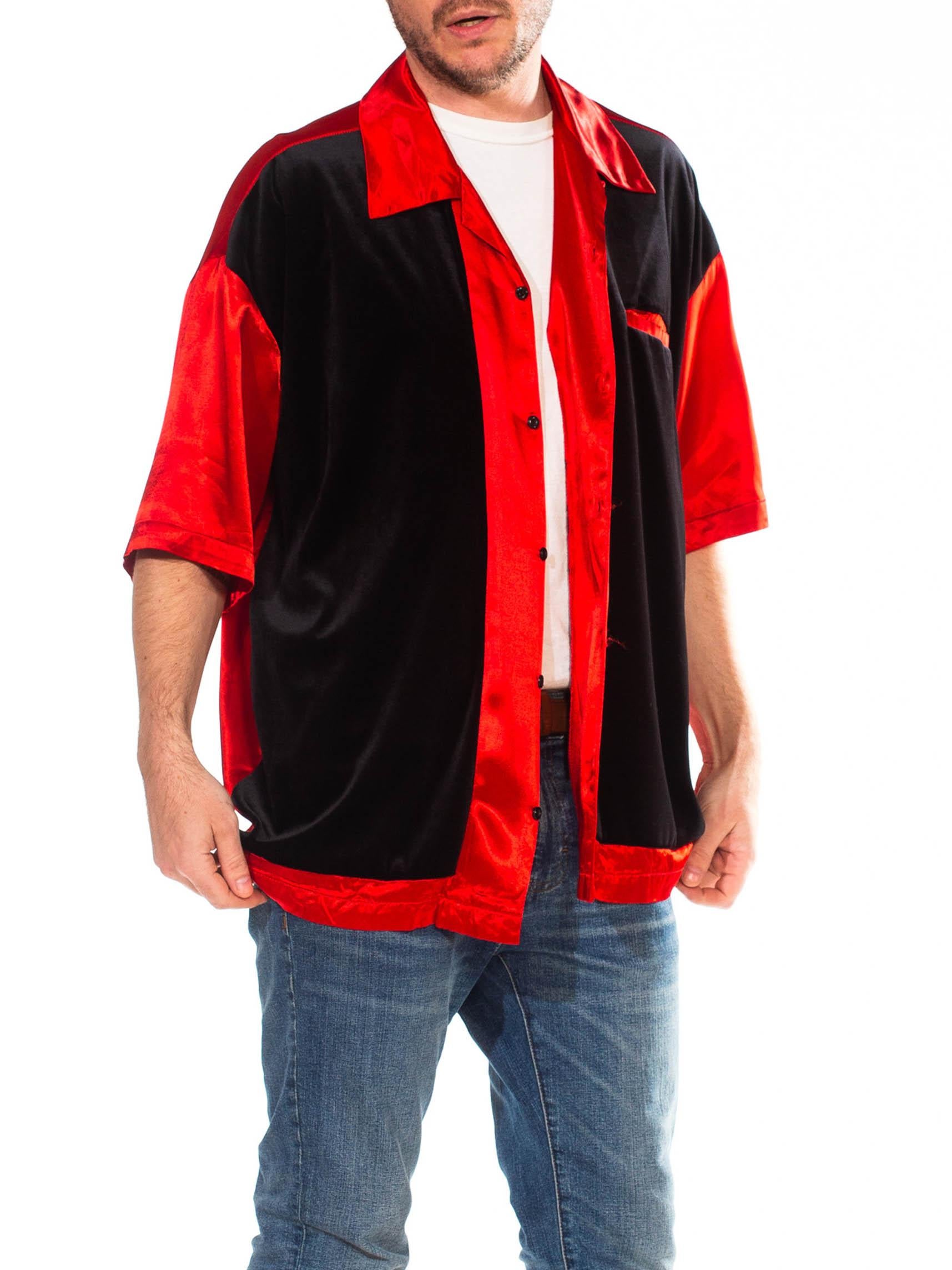 1990S Red & Black Acetate Poly Satin Velvet Short Sleeve Rat Pack Shirt 1
