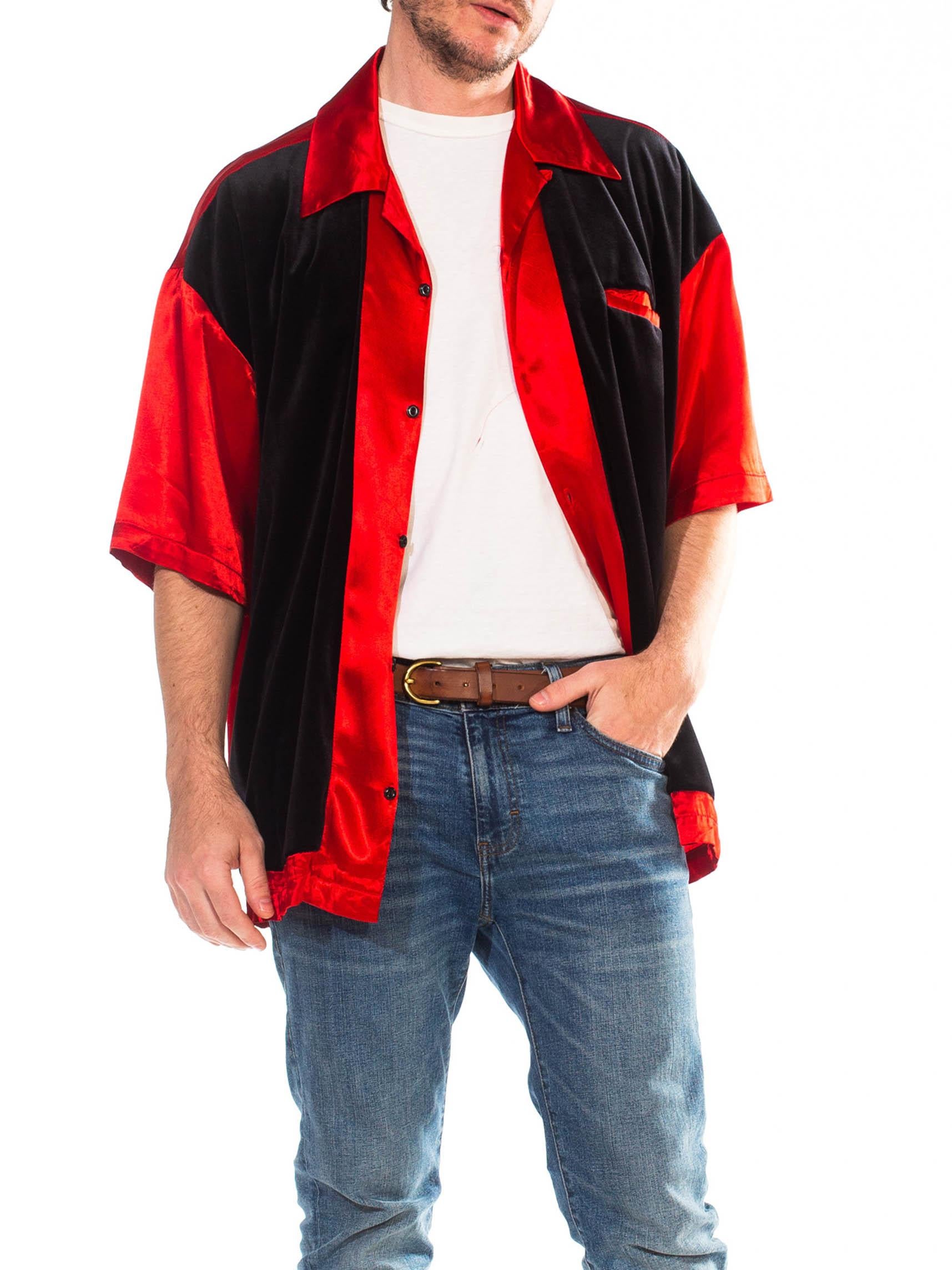 1990S Red & Black Acetate Poly Satin Velvet Short Sleeve Rat Pack Shirt 3