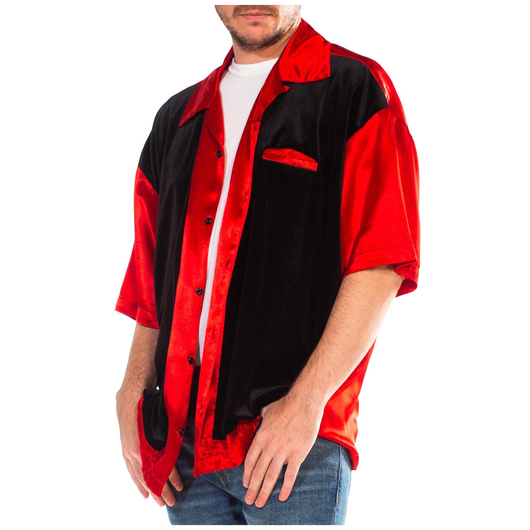 1990S Red & Black Acetate Poly Satin Velvet Short Sleeve Rat Pack Shirt