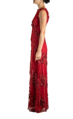 1990S Red Embroidered Silk Lace Rose  Gown