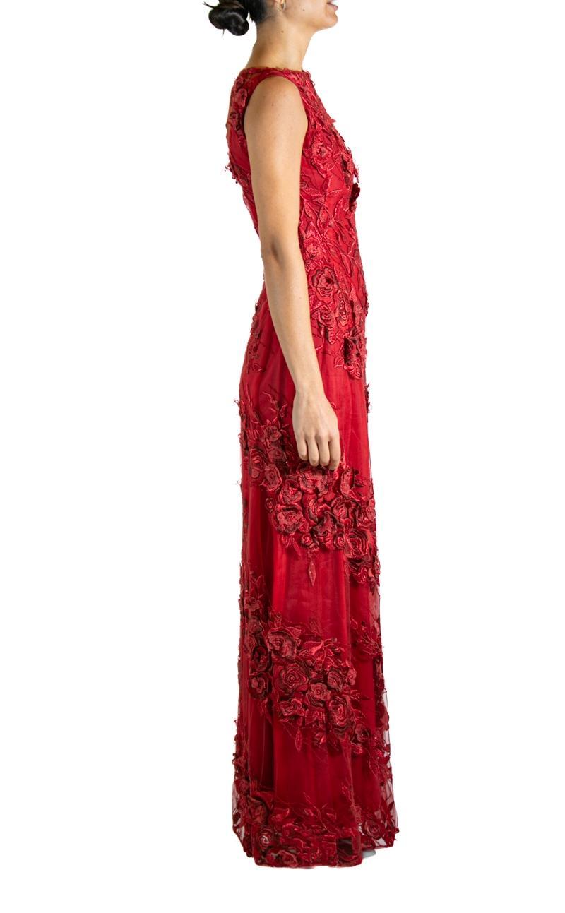 Women's 1990S Red Embroidered Silk Lace Rose  Gown For Sale