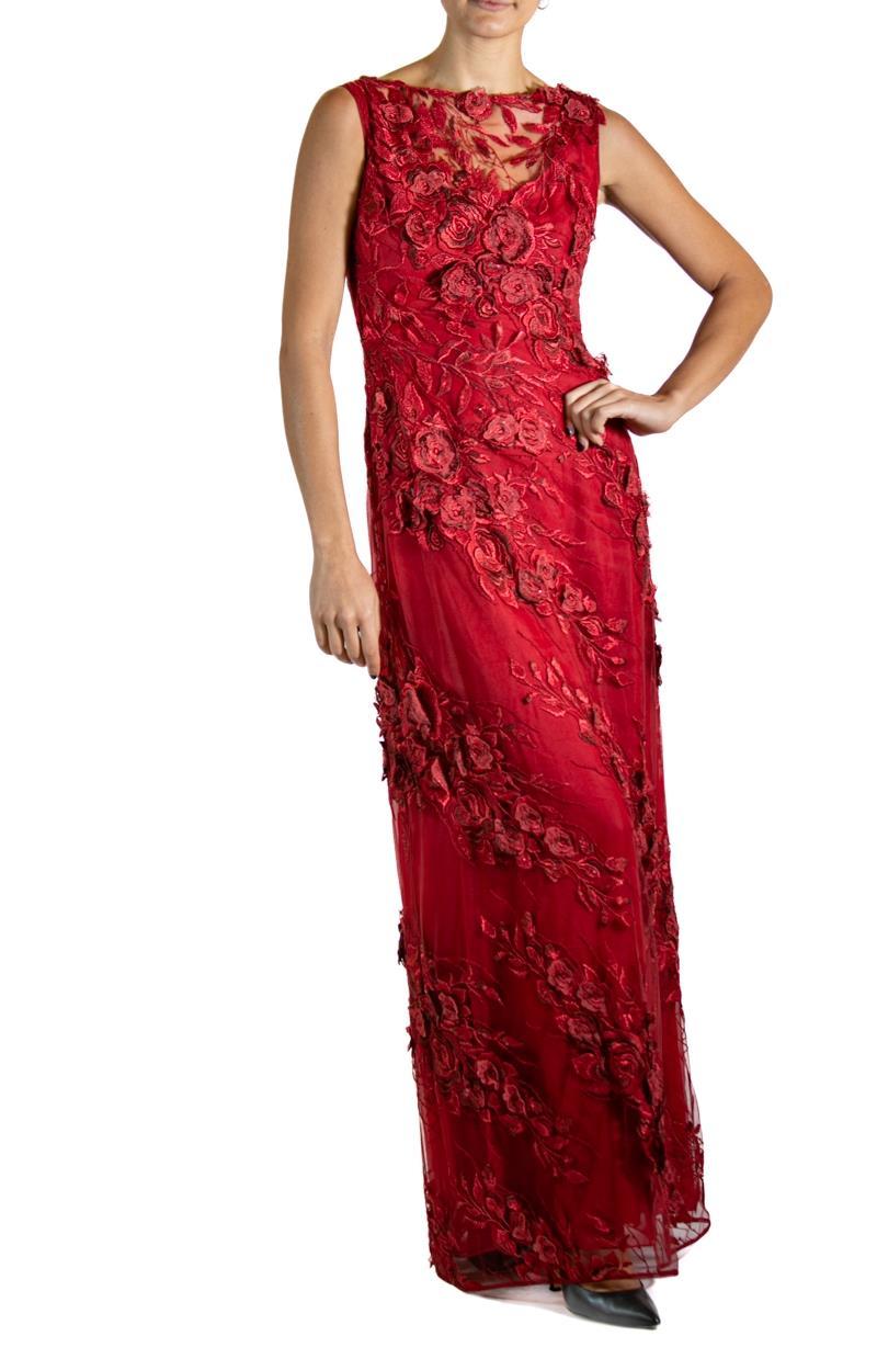 1990S Red Embroidered Silk Lace Rose  Gown For Sale 1