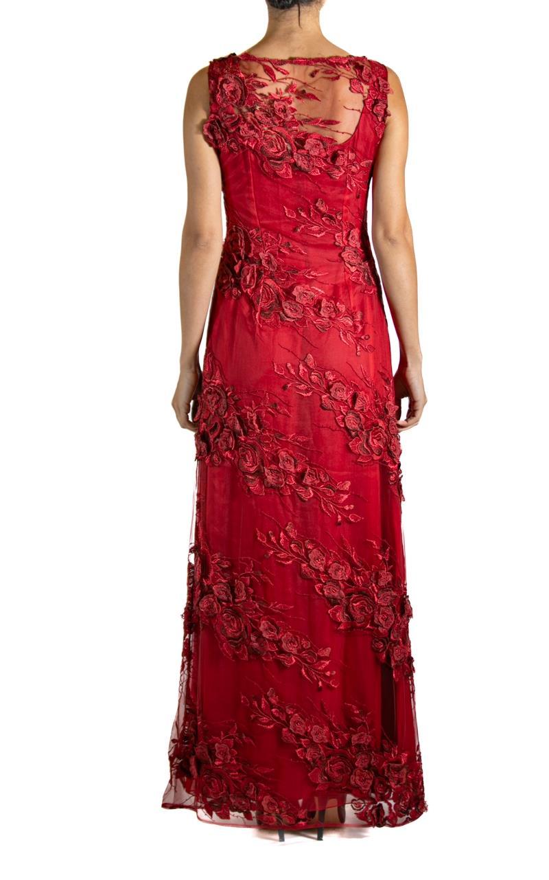 1990S Red Embroidered Silk Lace Rose  Gown For Sale 4