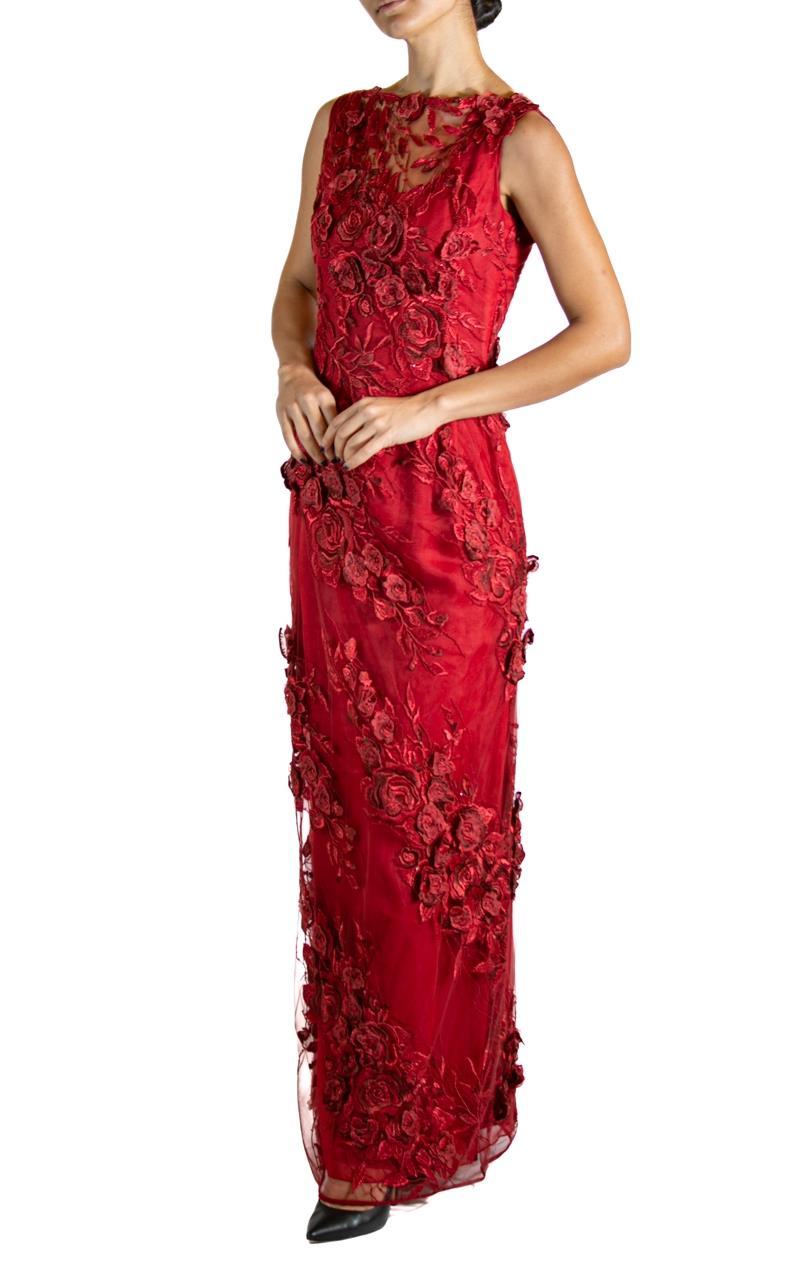 1990S Red Embroidered Silk Lace Rose  Gown For Sale 5