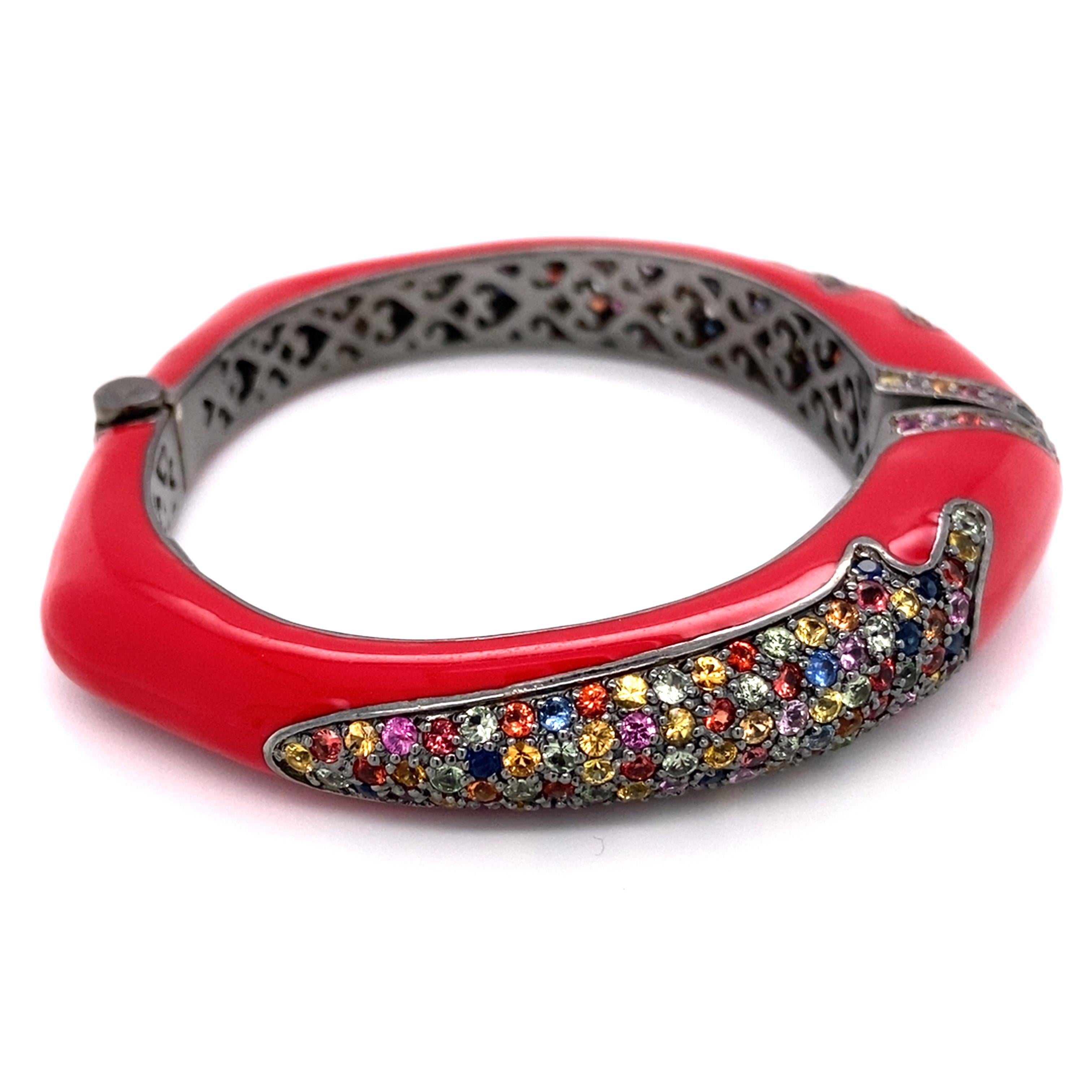 Modern 1990s Red Enamel Multi-Gemstone Bangle