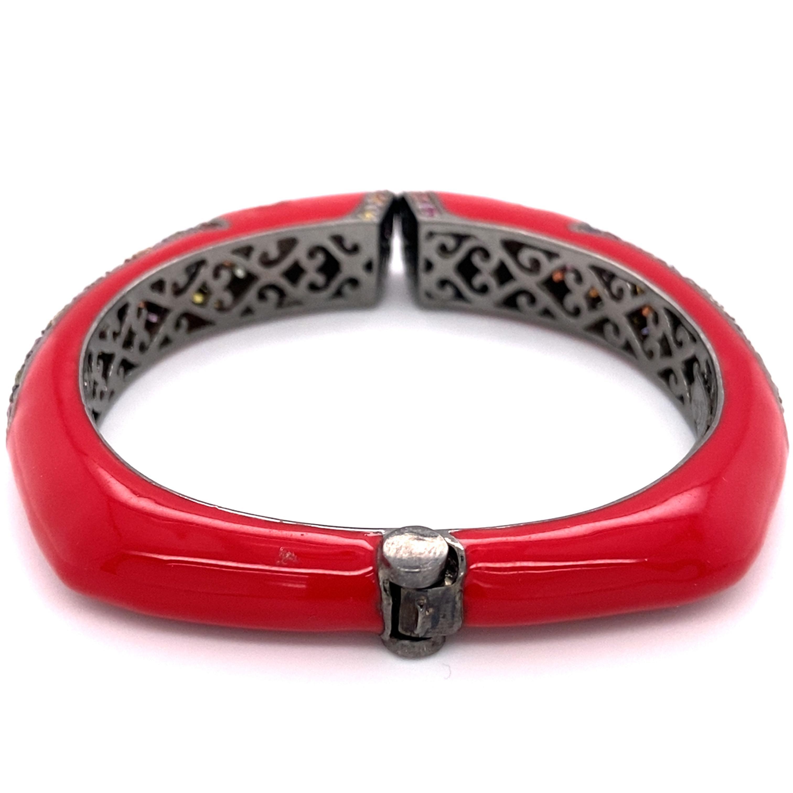 Round Cut 1990s Red Enamel Multi-Gemstone Bangle