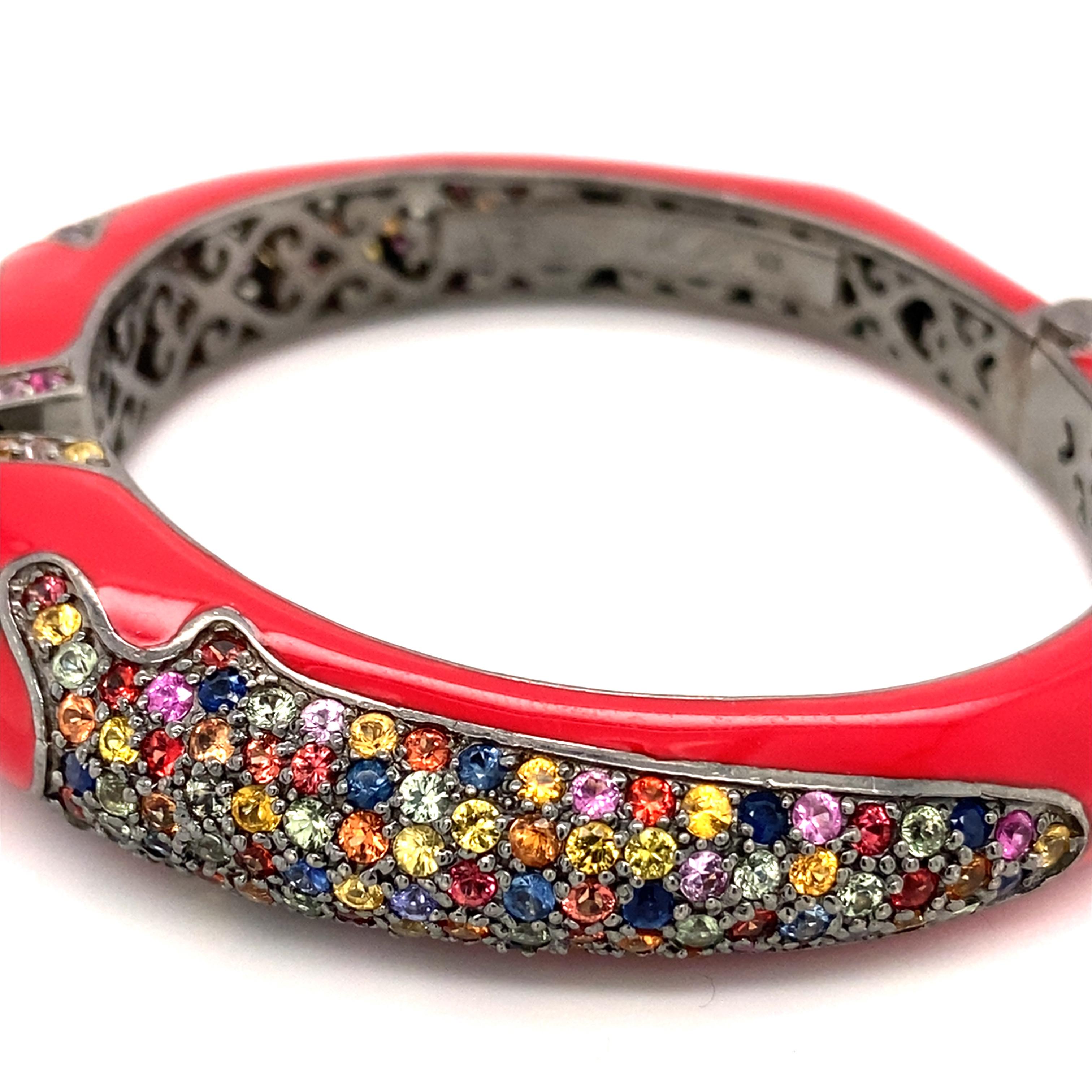 1990s Red Enamel Multi-Gemstone Bangle In Excellent Condition In Hicksville, NY