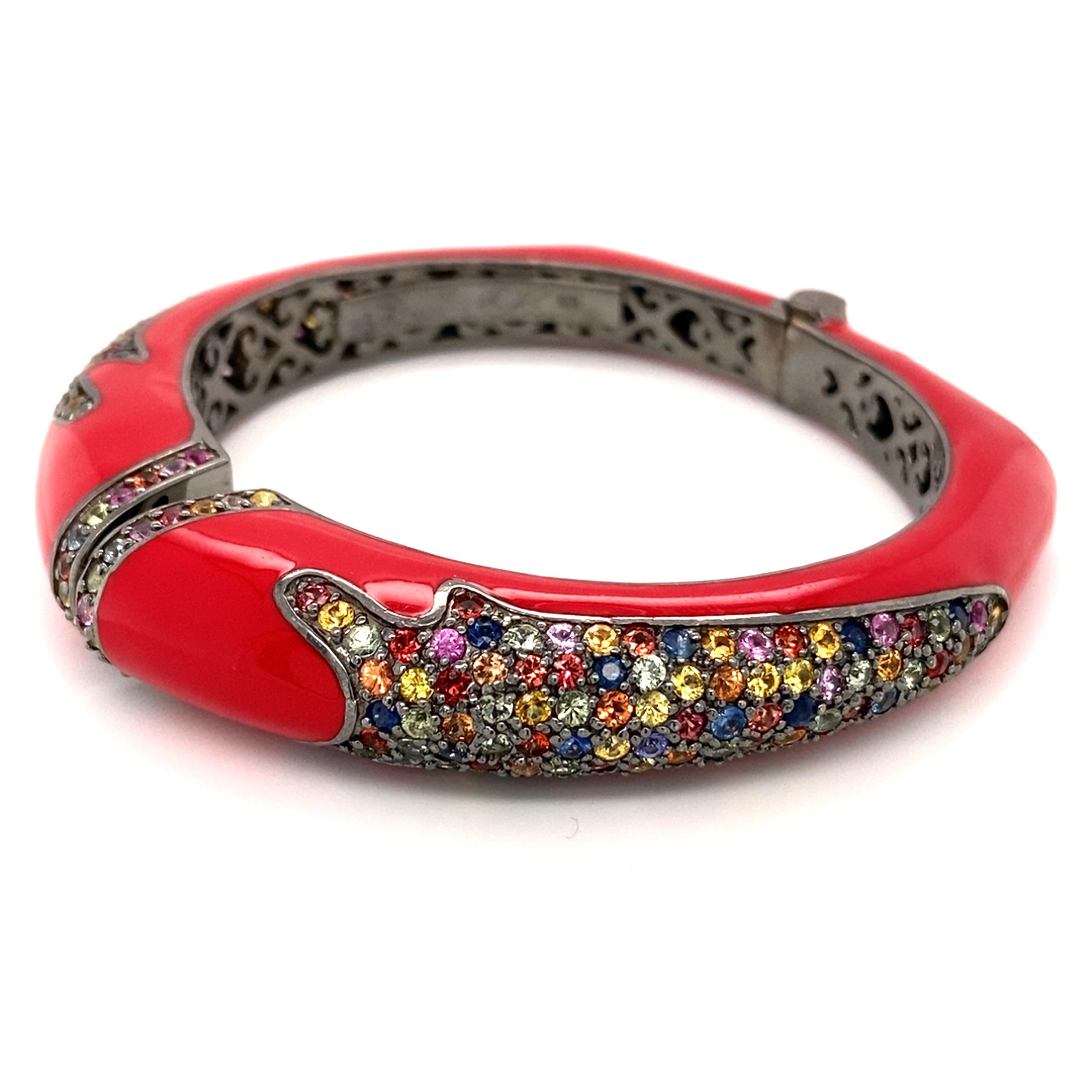 1990s Red Enamel Multi-Gemstone Bangle 1
