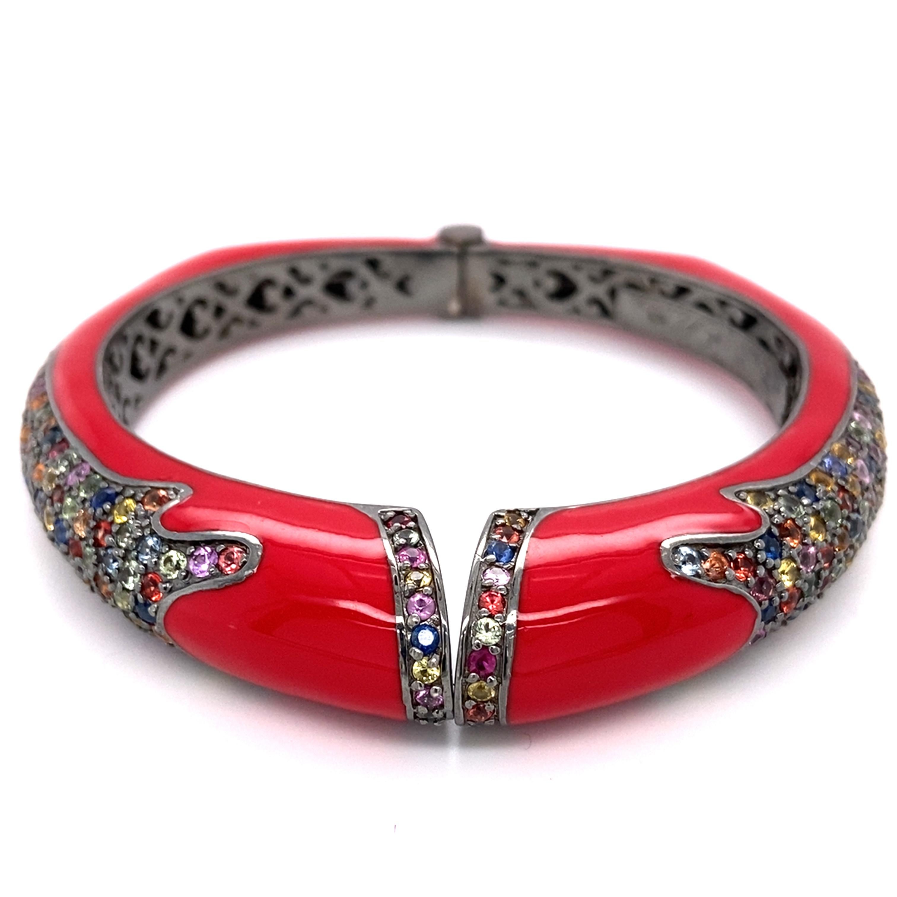 1990s Red Enamel Multi-Gemstone Bangle 2