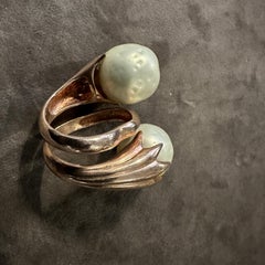 1990s Red Gilded Sterling Silver and Pearl Sculptured Huge Italian Ring