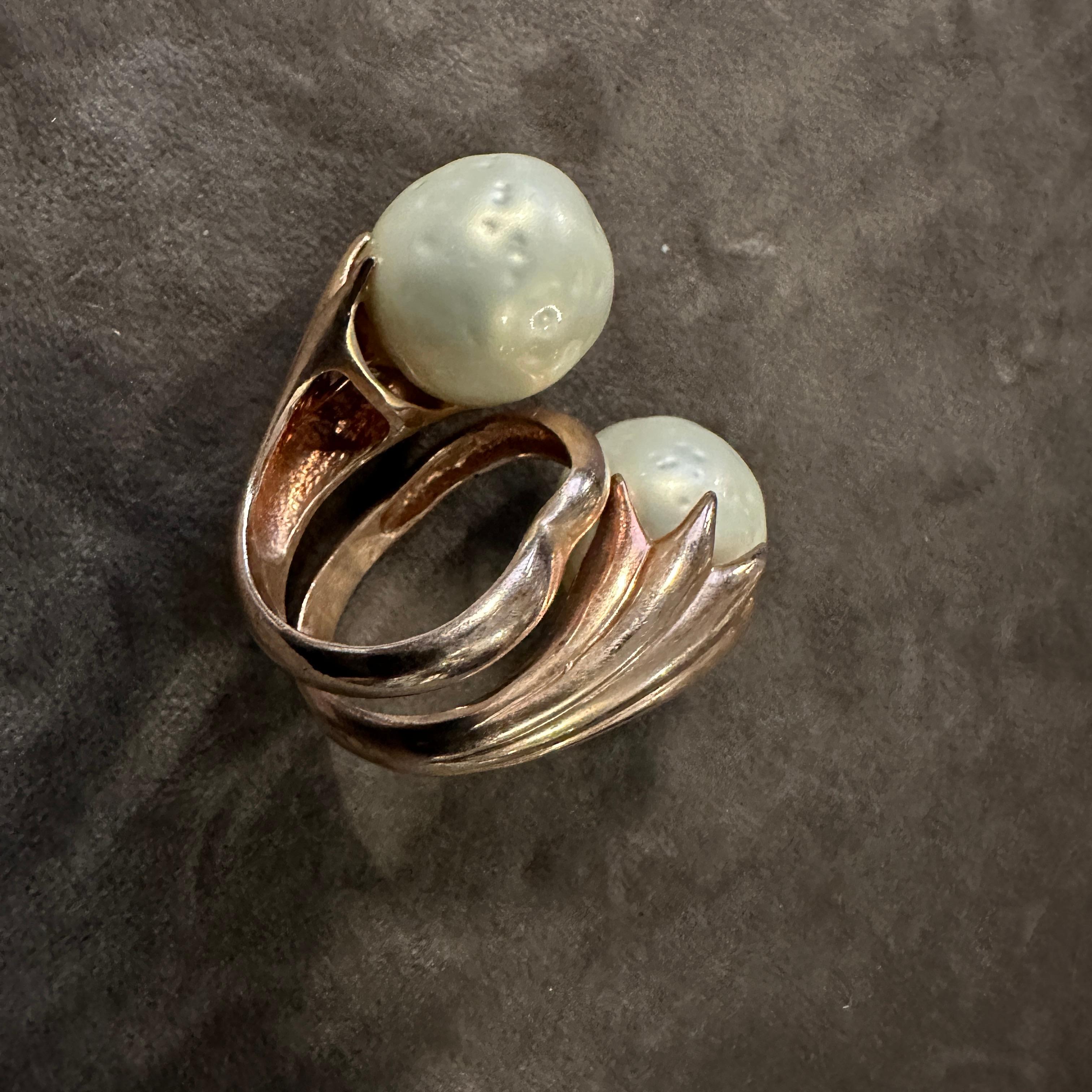 Contemporary 1990s Red Gilded Sterling Silver and Pearl Sculptured Huge Italian Ring For Sale
