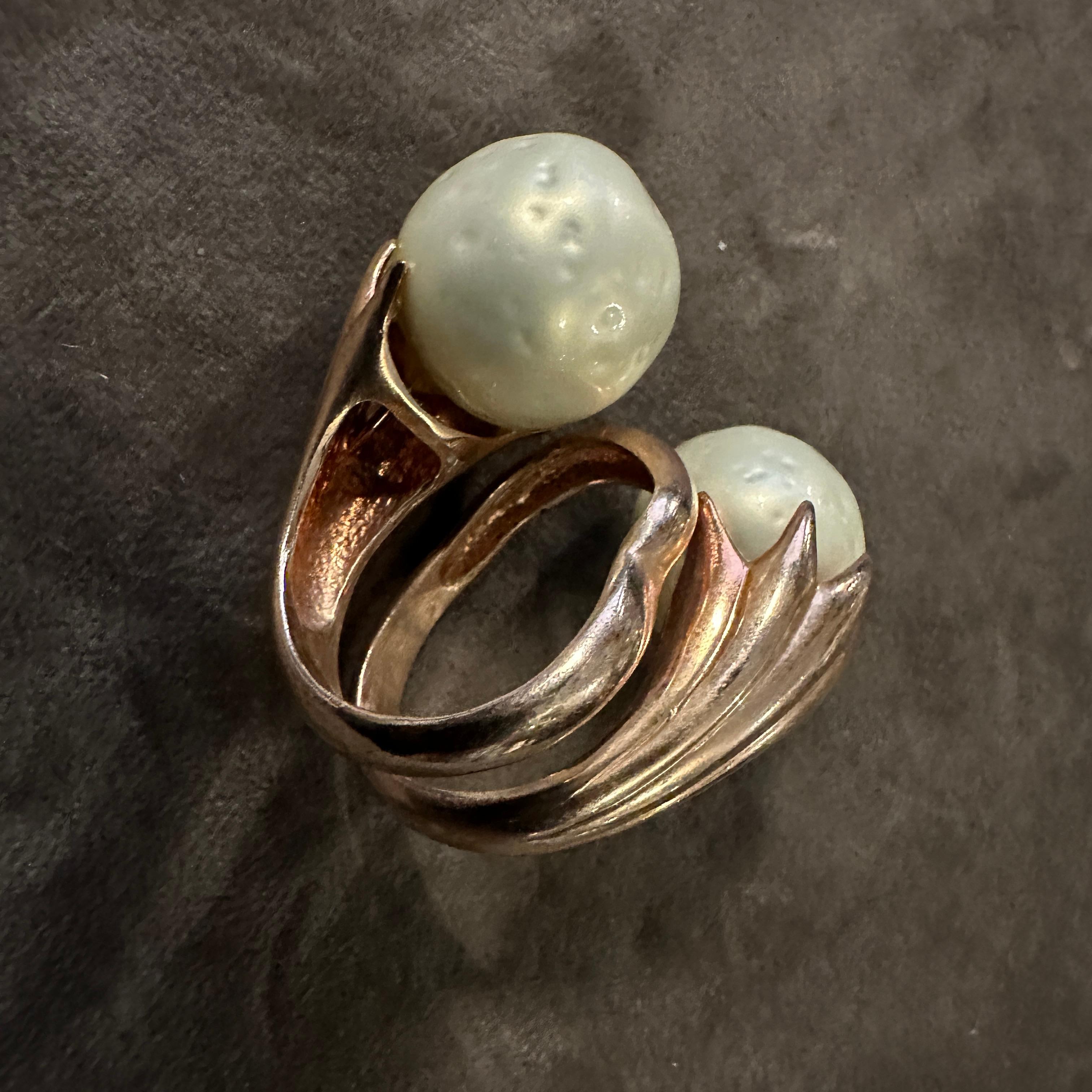 Round Cut 1990s Red Gilded Sterling Silver and Pearl Sculptured Huge Italian Ring For Sale