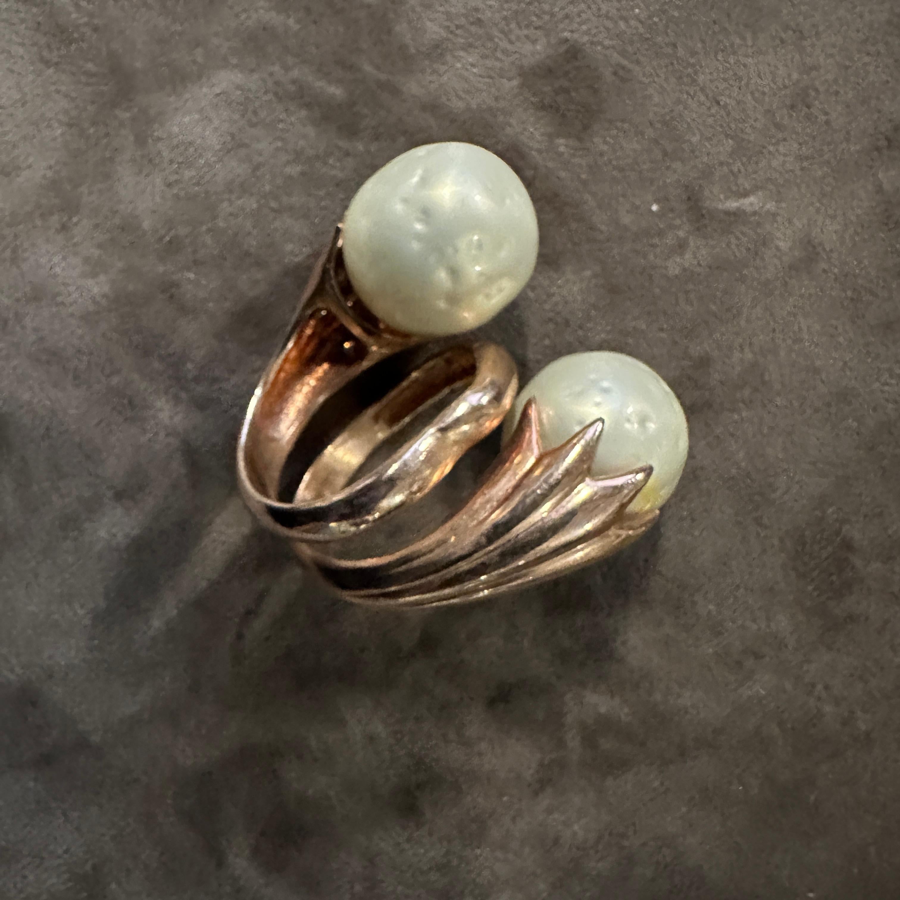 Women's 1990s Red Gilded Sterling Silver and Pearl Sculptured Huge Italian Ring For Sale
