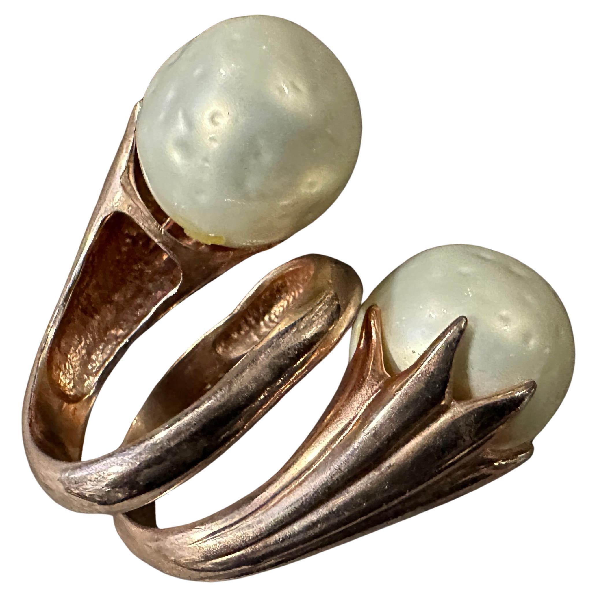 1990s Red Gilded Sterling Silver and Pearl Sculptured Huge Italian Ring For Sale