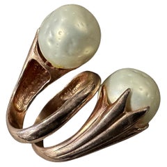 1990s Red Gilded Sterling Silver and Pearl Sculptured Huge Italian Ring