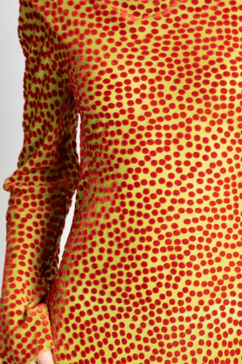 1990S Red & Green Polka Dot Silk Burnout Velvet Asymmetrical Deconstructed Dress 5