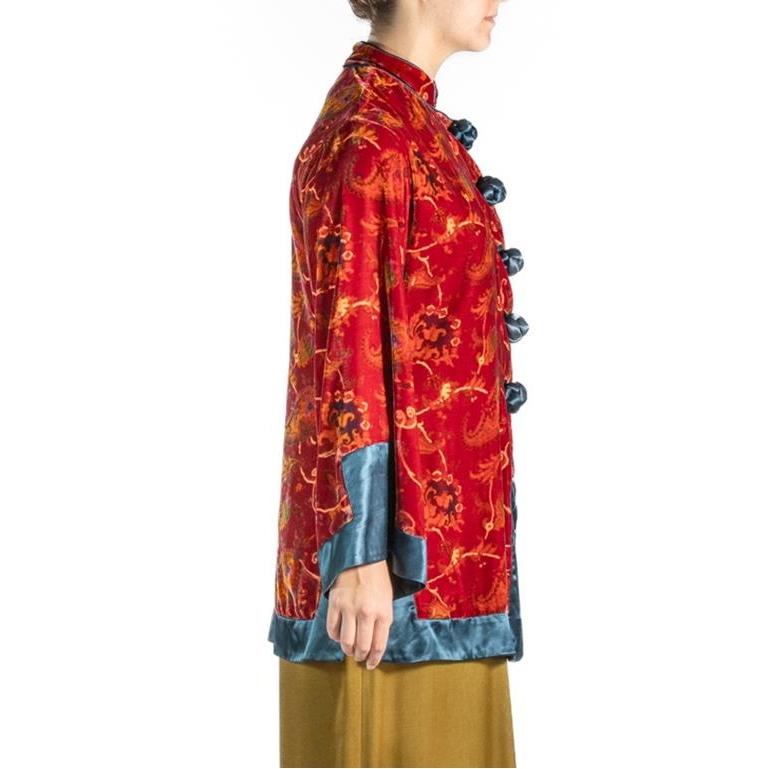 Women's or Men's 1990S Red Japanese Rayon & Silk Burnout Velvet Jacket For Sale