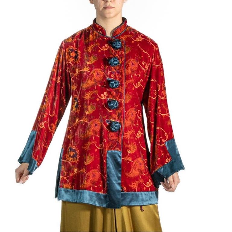 1990S Red Japanese Rayon & Silk Burnout Velvet Jacket For Sale 1