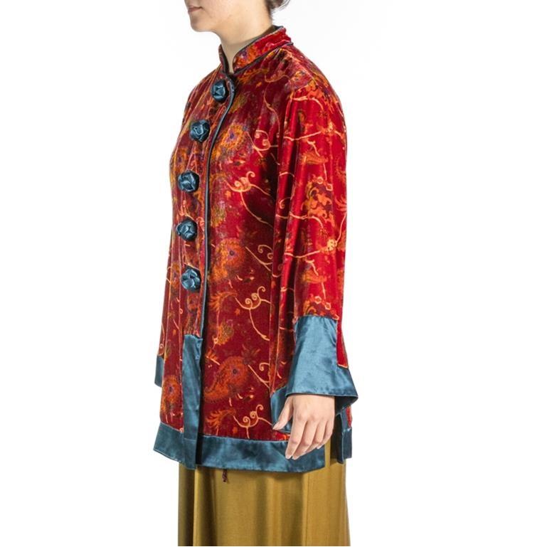 1990S Red Japanese Rayon & Silk Burnout Velvet Jacket For Sale 5