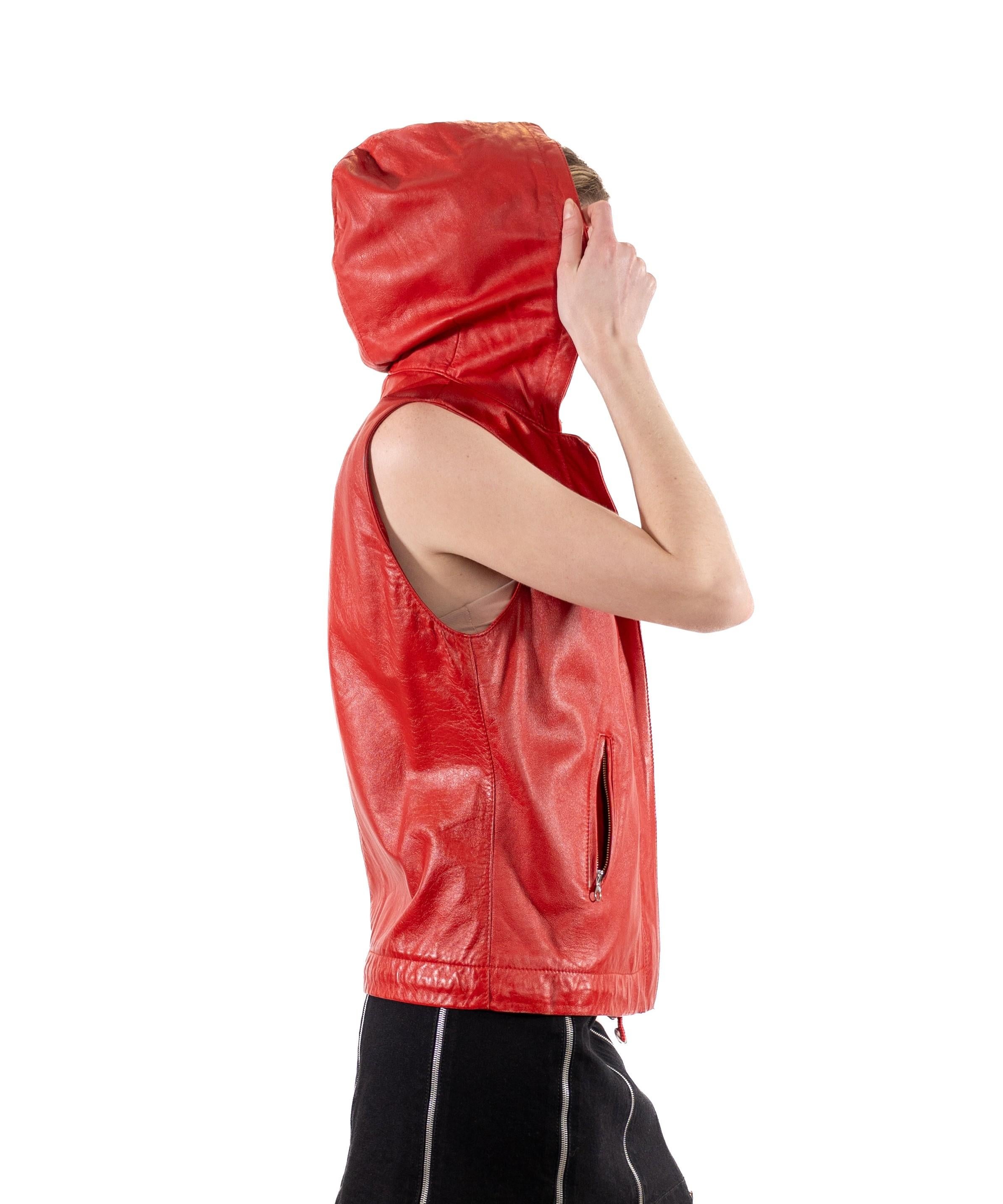 Orange 1990S Red Leather Hooded Zip Vest For Sale