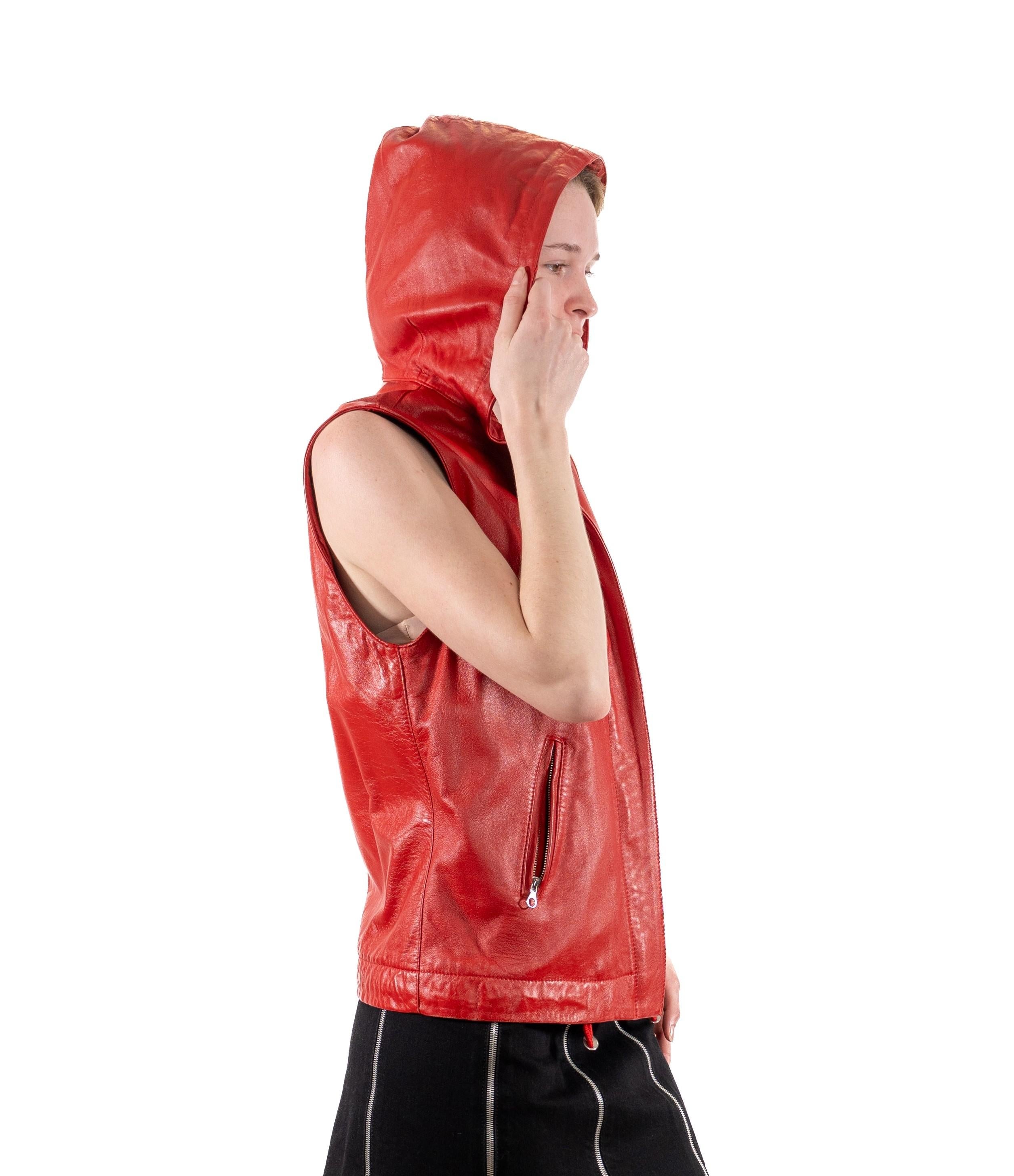 1990S Red Leather Hooded Zip Vest In Good Condition For Sale In New York, NY