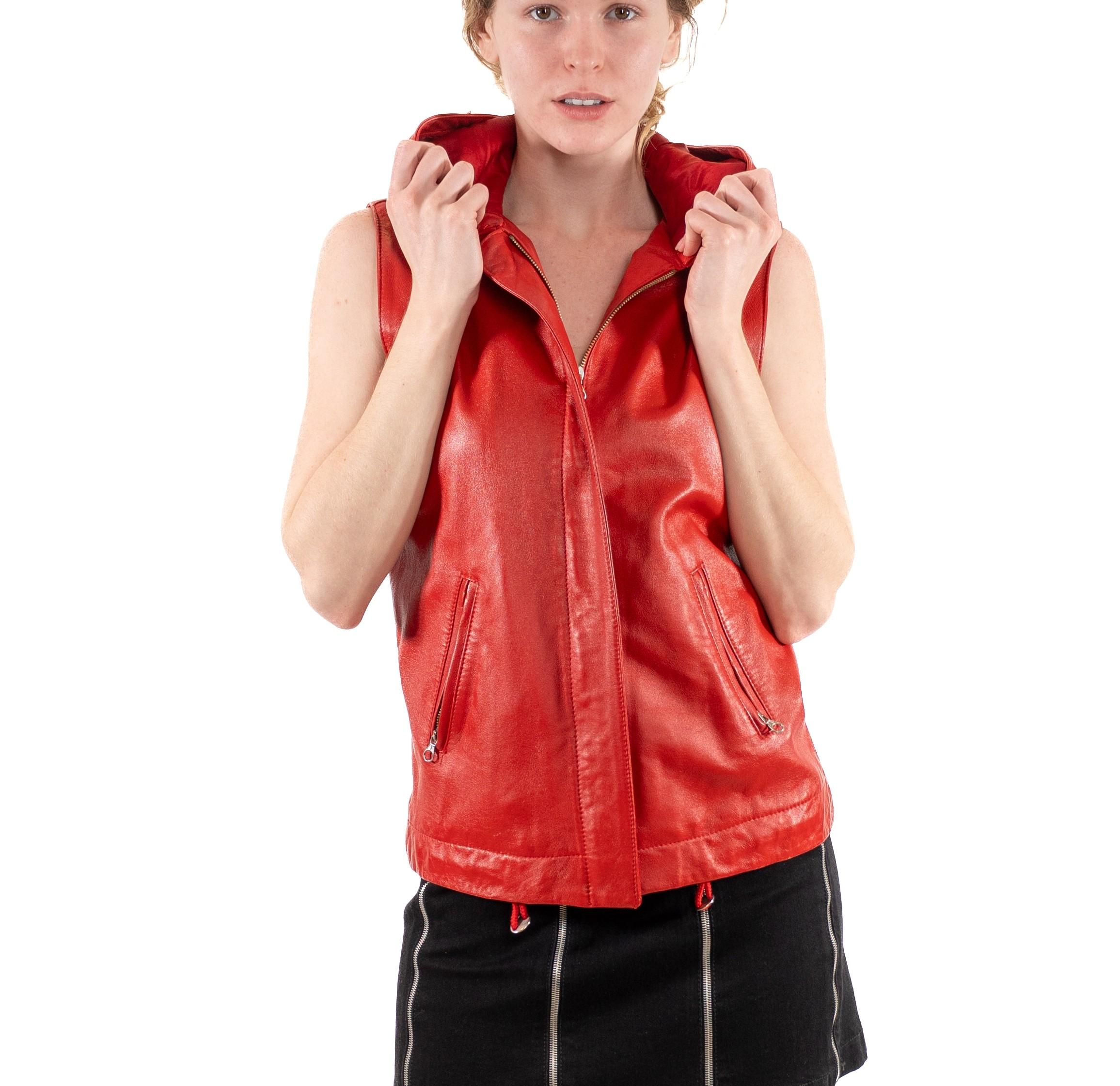 Women's 1990S Red Leather Hooded Zip Vest For Sale