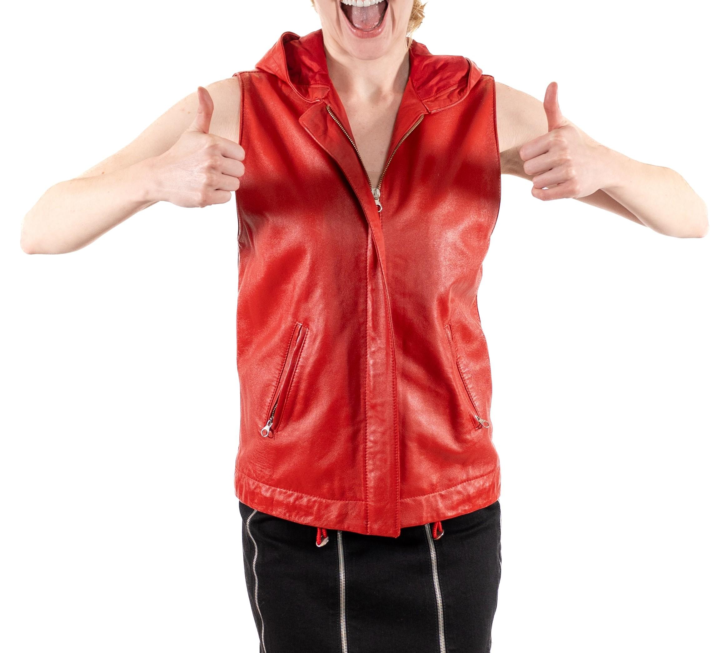 1990S Red Leather Hooded Zip Vest For Sale 1