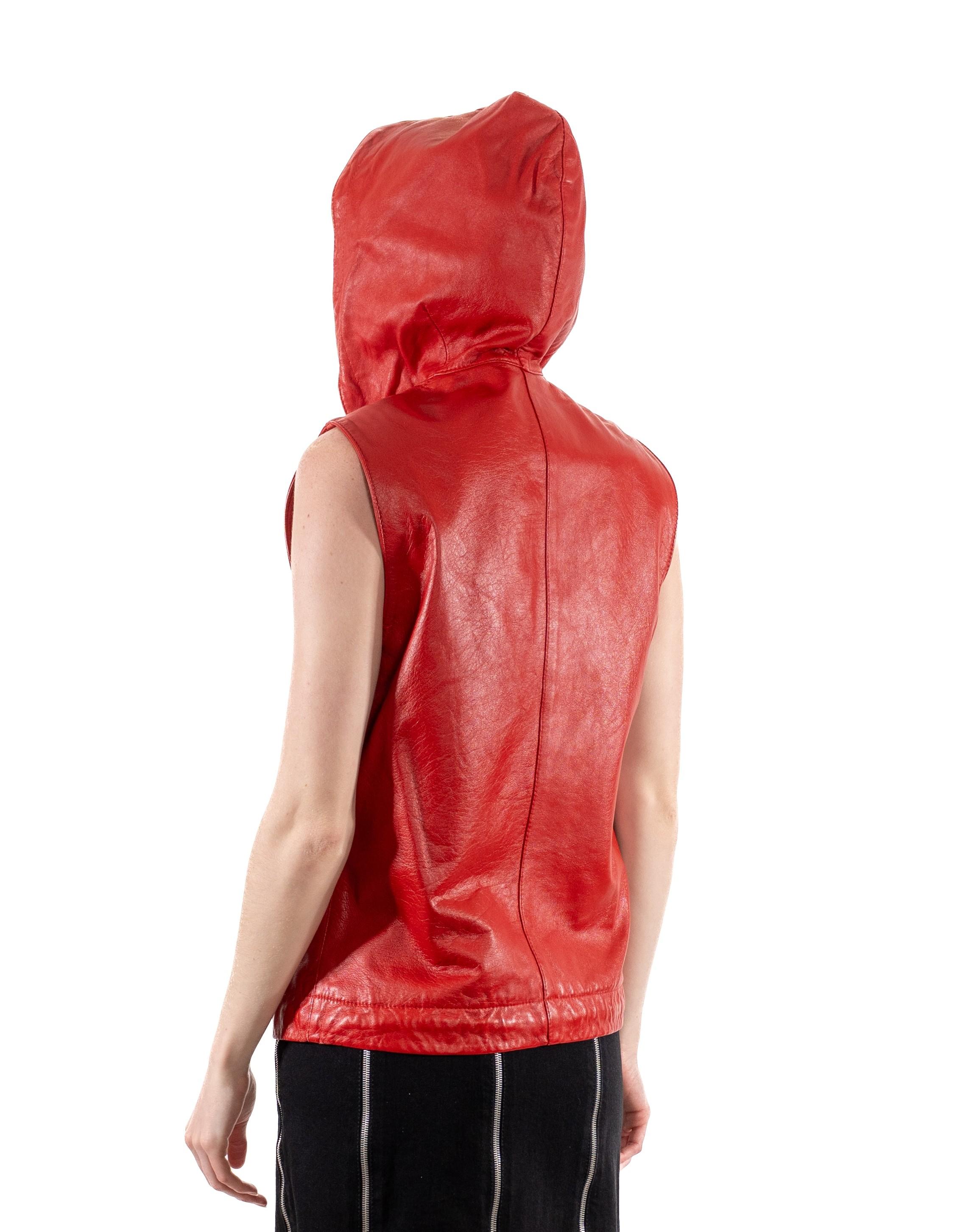 1990S Red Leather Hooded Zip Vest For Sale 2