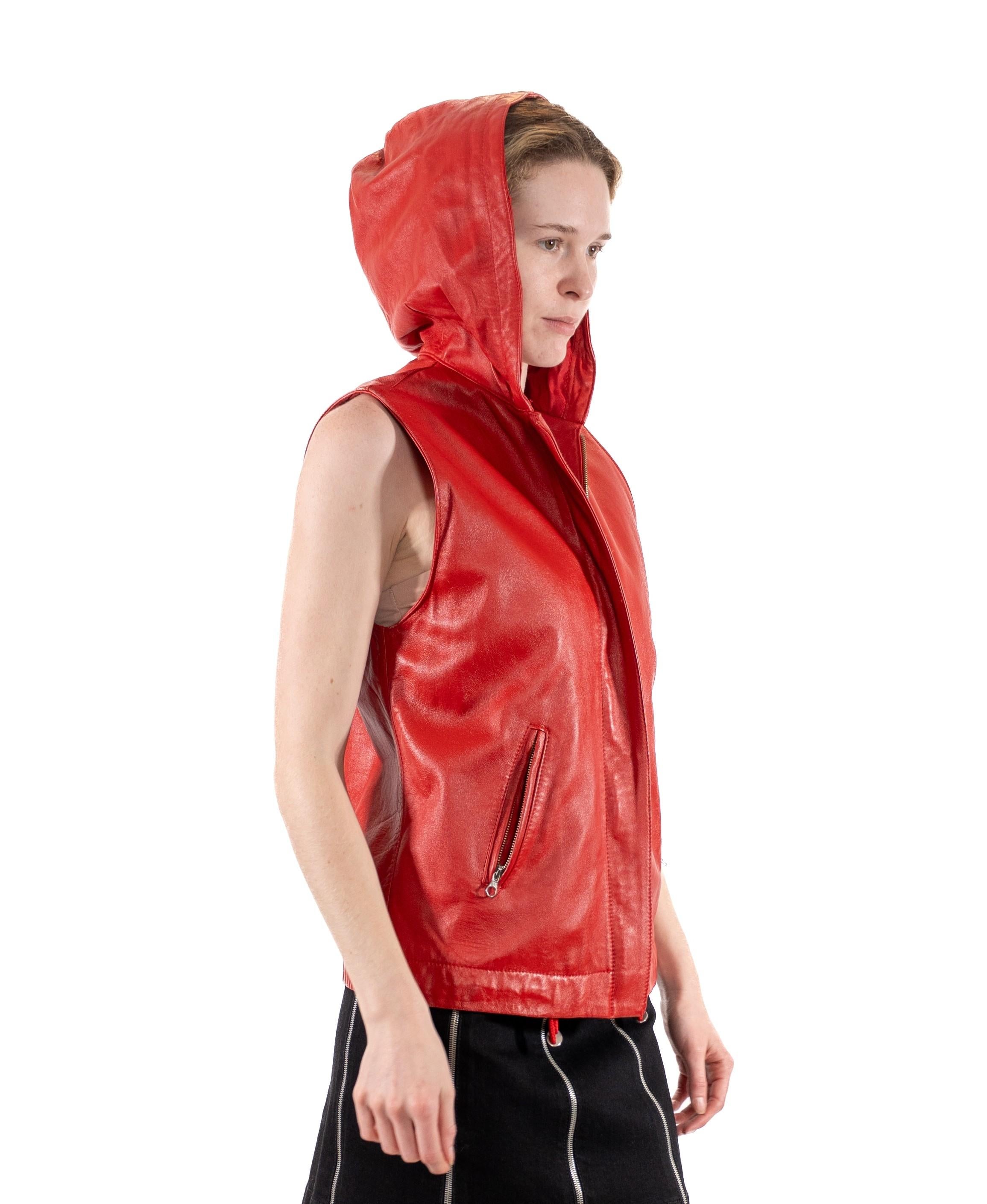 1990S Red Leather Hooded Zip Vest For Sale 3
