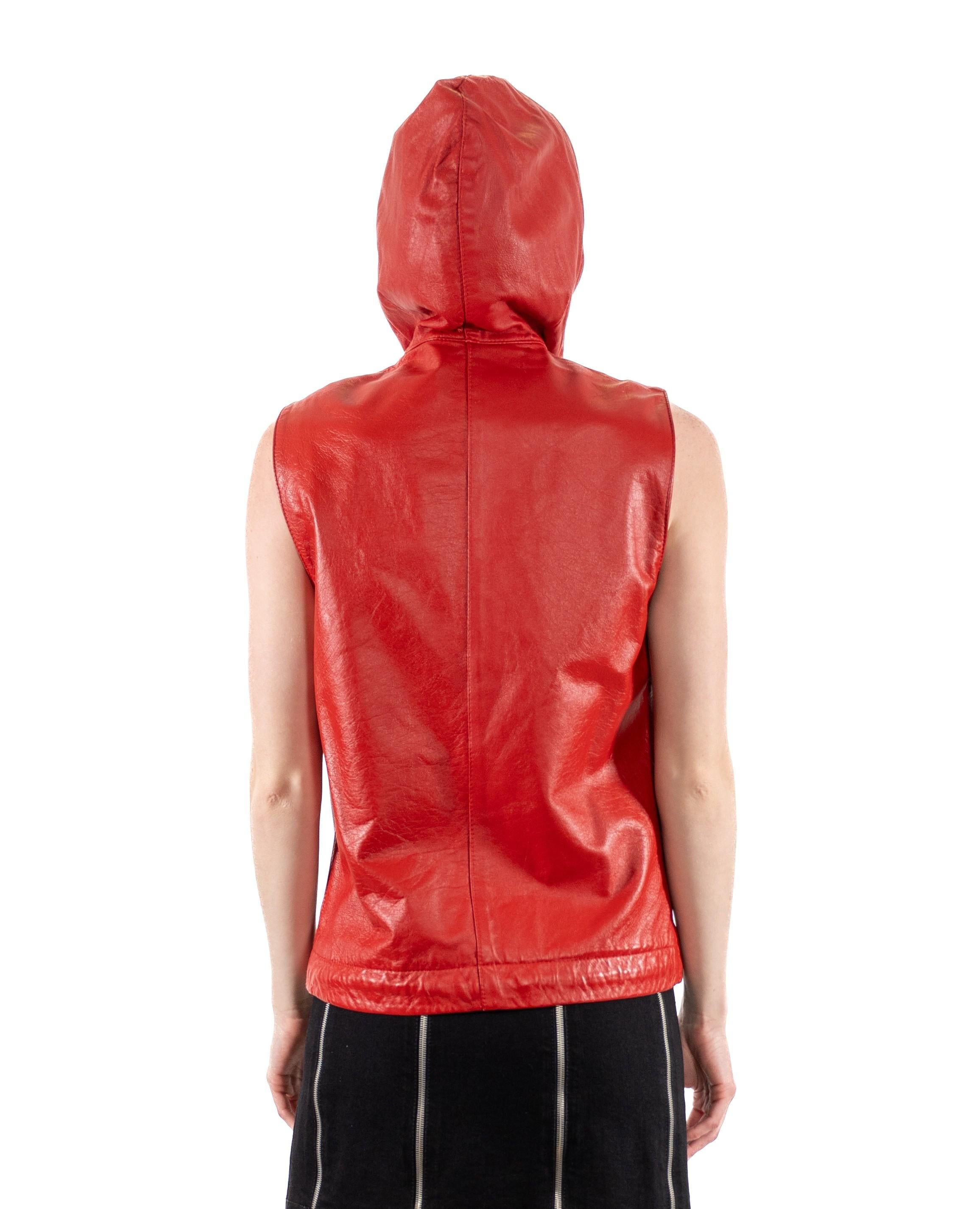 1990S Red Leather Hooded Zip Vest For Sale 4