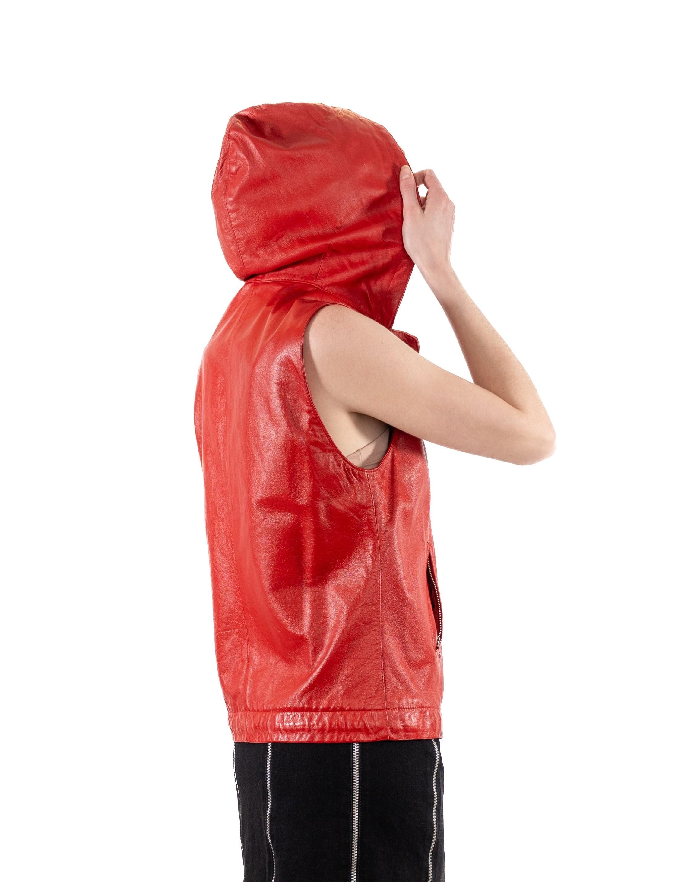1990S Red Leather Hooded Zip Vest For Sale 5
