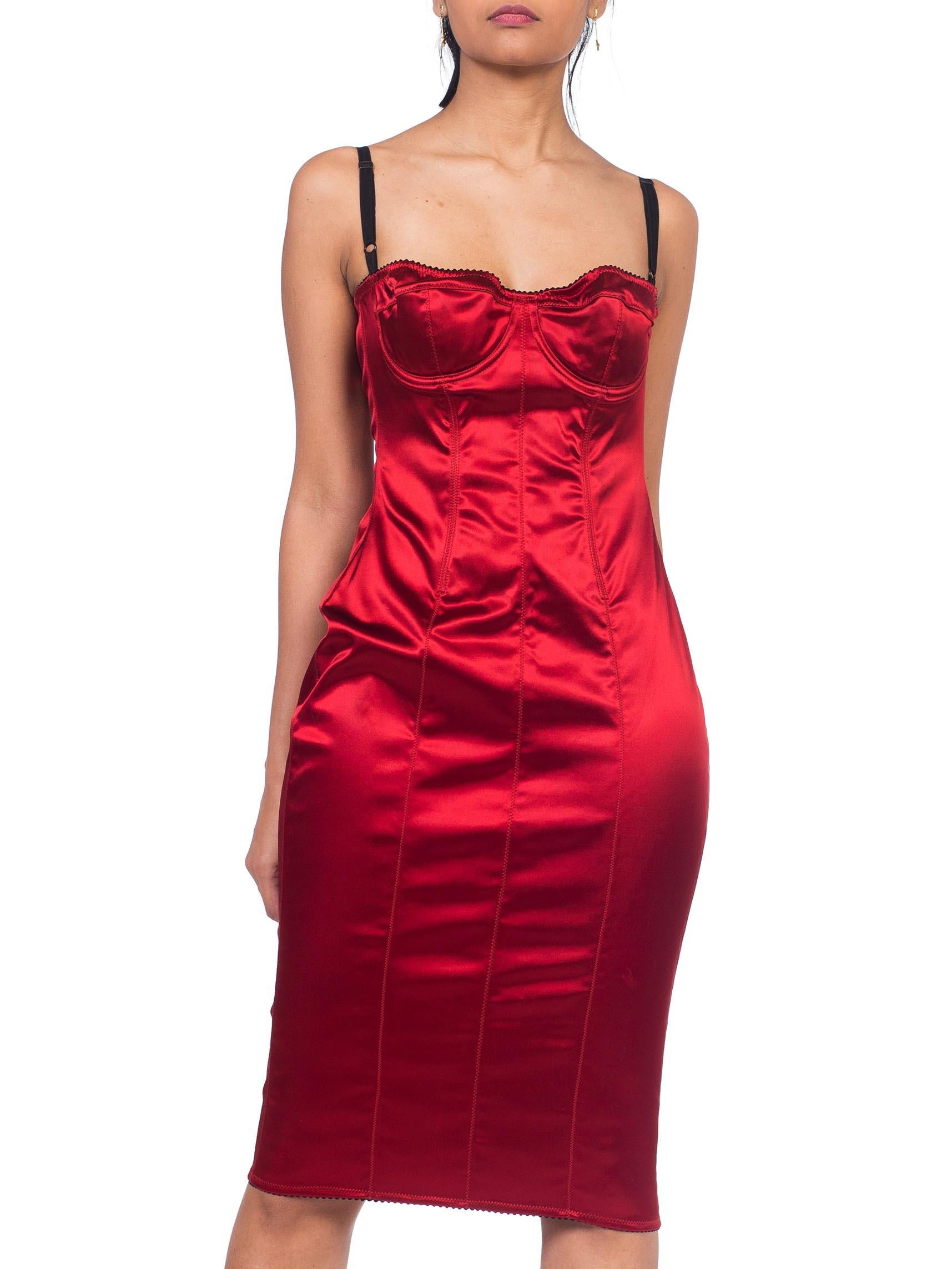 1990s Red Stretch Satin Dolce & Gabbana Corset Lingerie Dress Large 44
