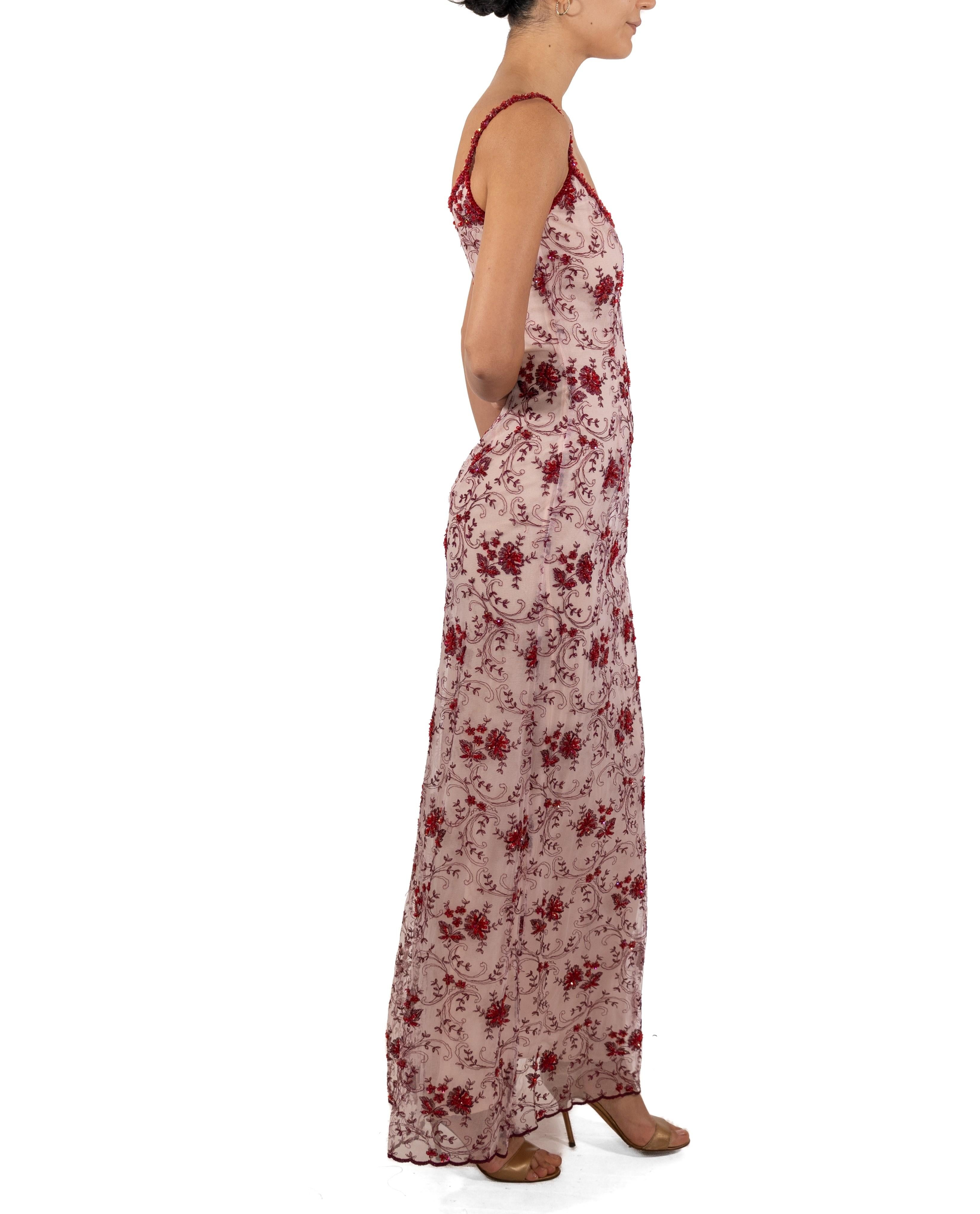 Brown 1990S Red & White Beaded Net Gown For Sale