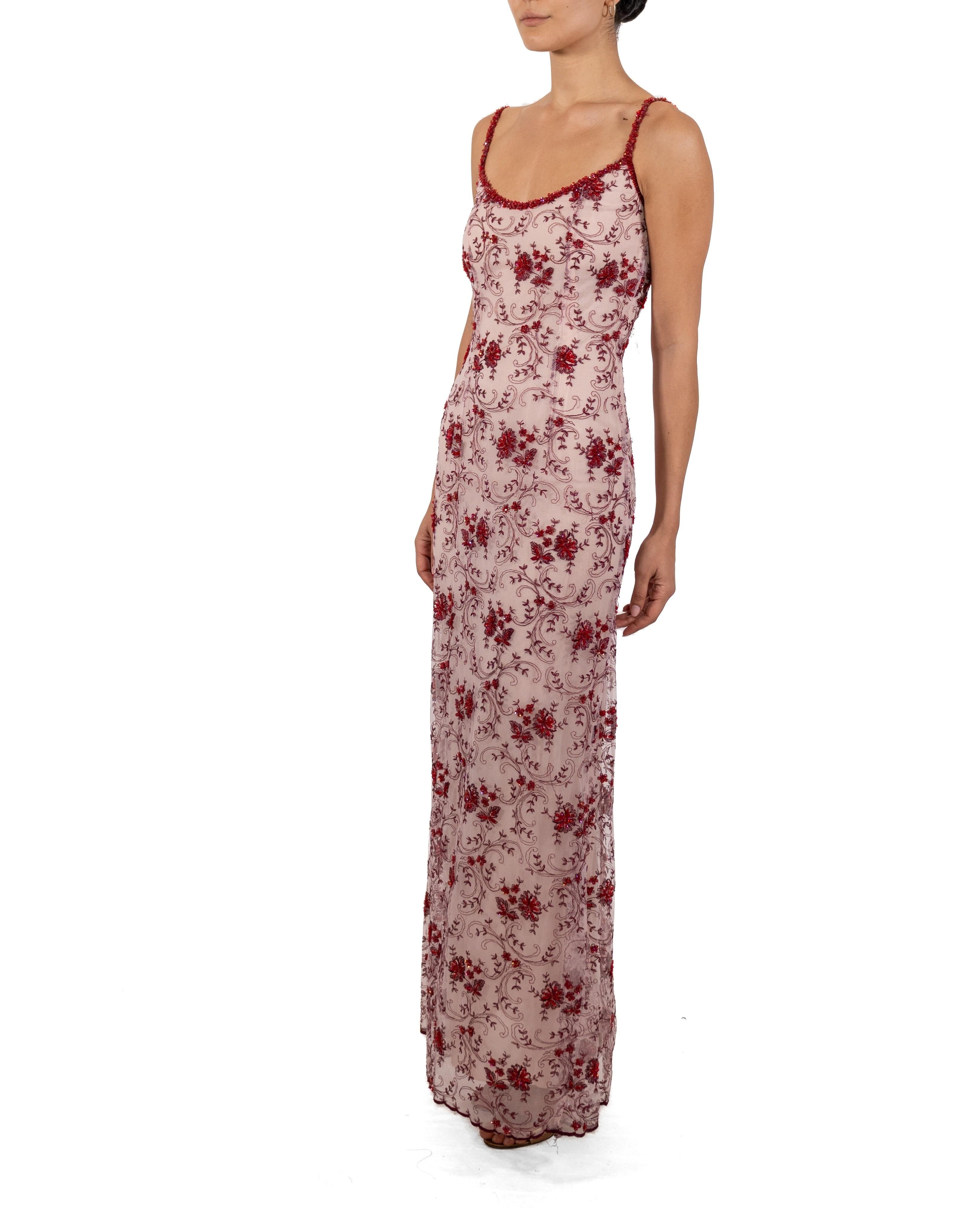 1990S Red & White Beaded Net Gown In Good Condition For Sale In New York, NY
