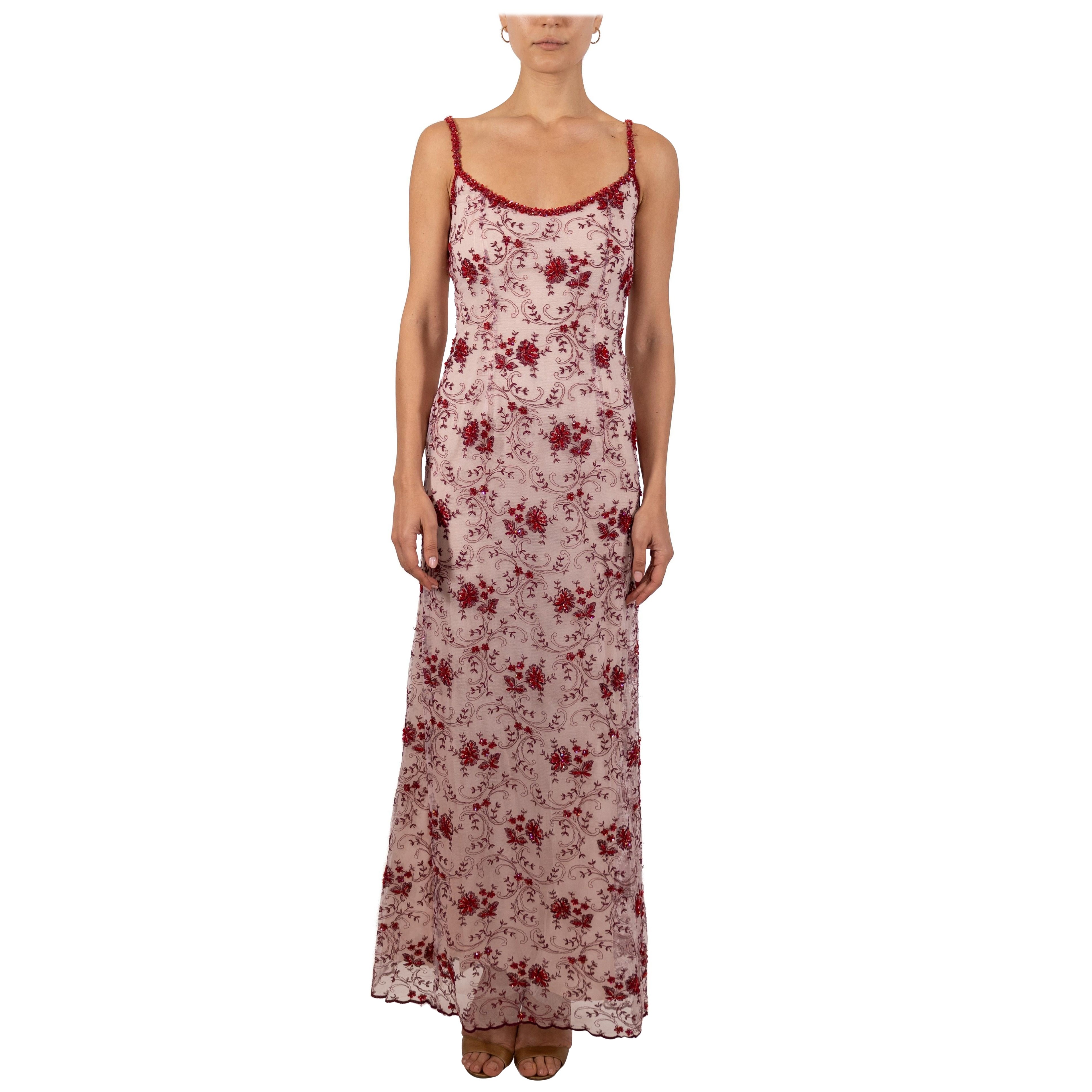 1990S Red & White Beaded Net Gown For Sale