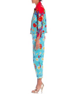 1990S Red & White Floral Cotton Jean Jacket Pants Ensemble