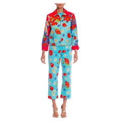 Vintage 1990S Red & White Floral Cotton Jean Jacket Pants Ensemble