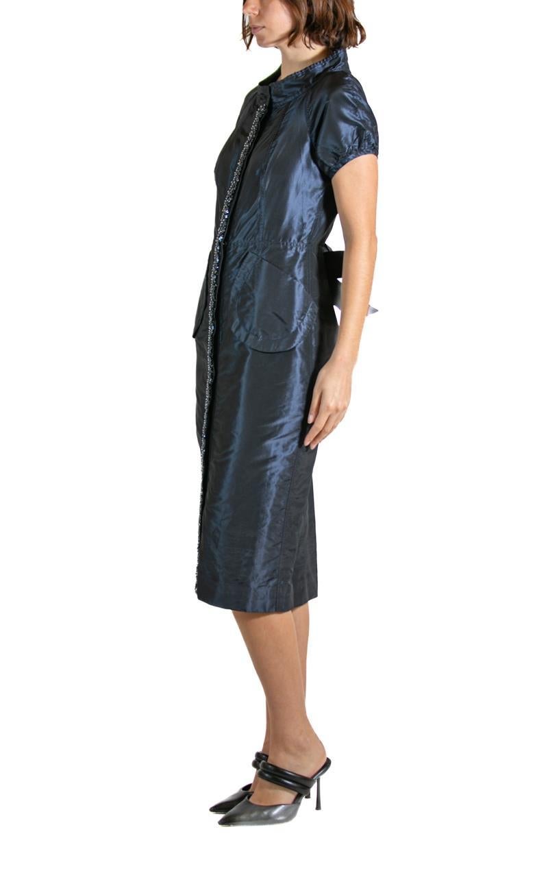 Black 1990S REDUX CHARLES CHANG-LIMA Navy Blue Beaded Silk Cocktail Dress With Bow For Sale